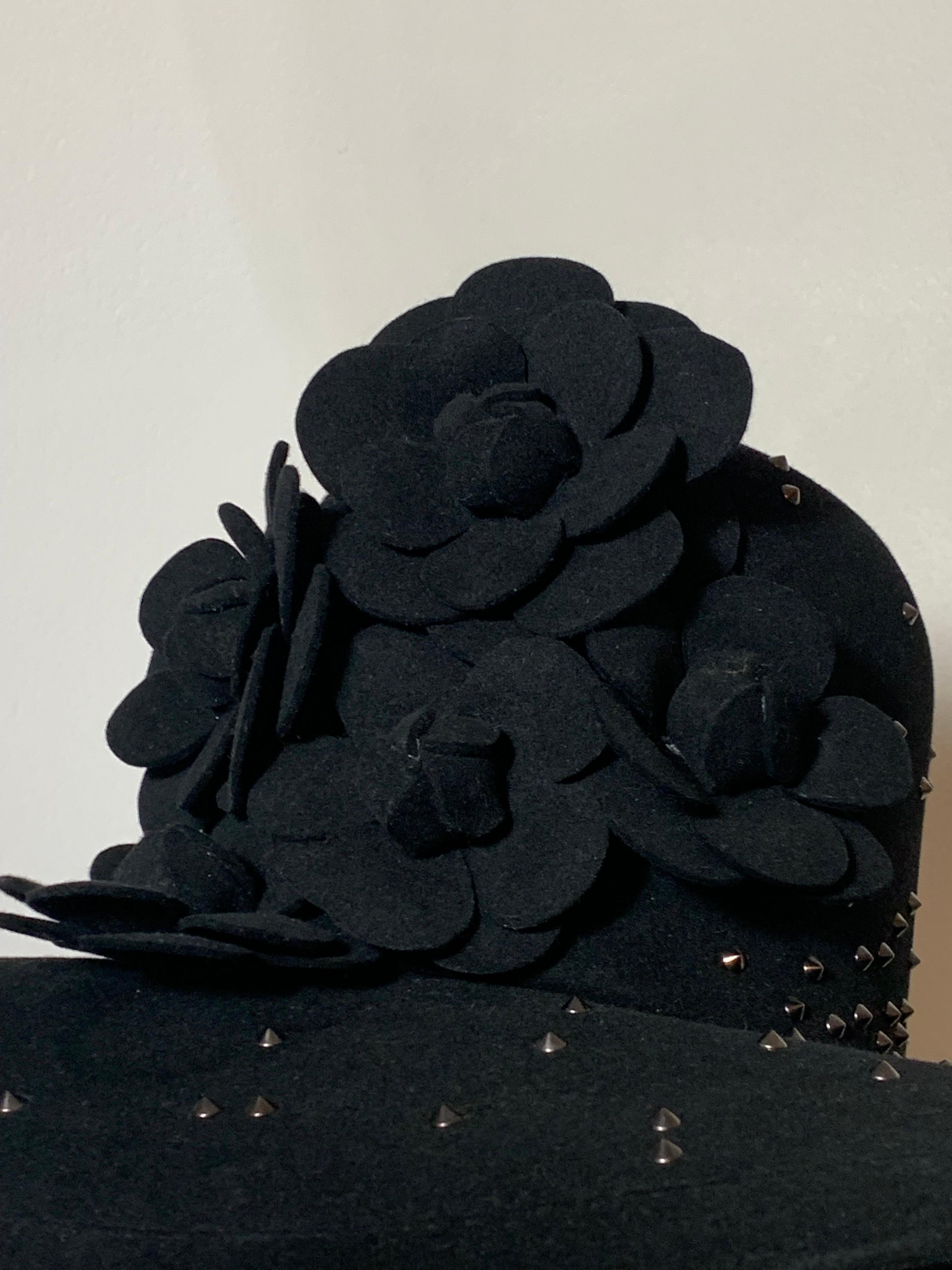 Maison Michel Black Large Brimmed Felt High Crown Hat w Studs & Camellia Flowers For Sale 7