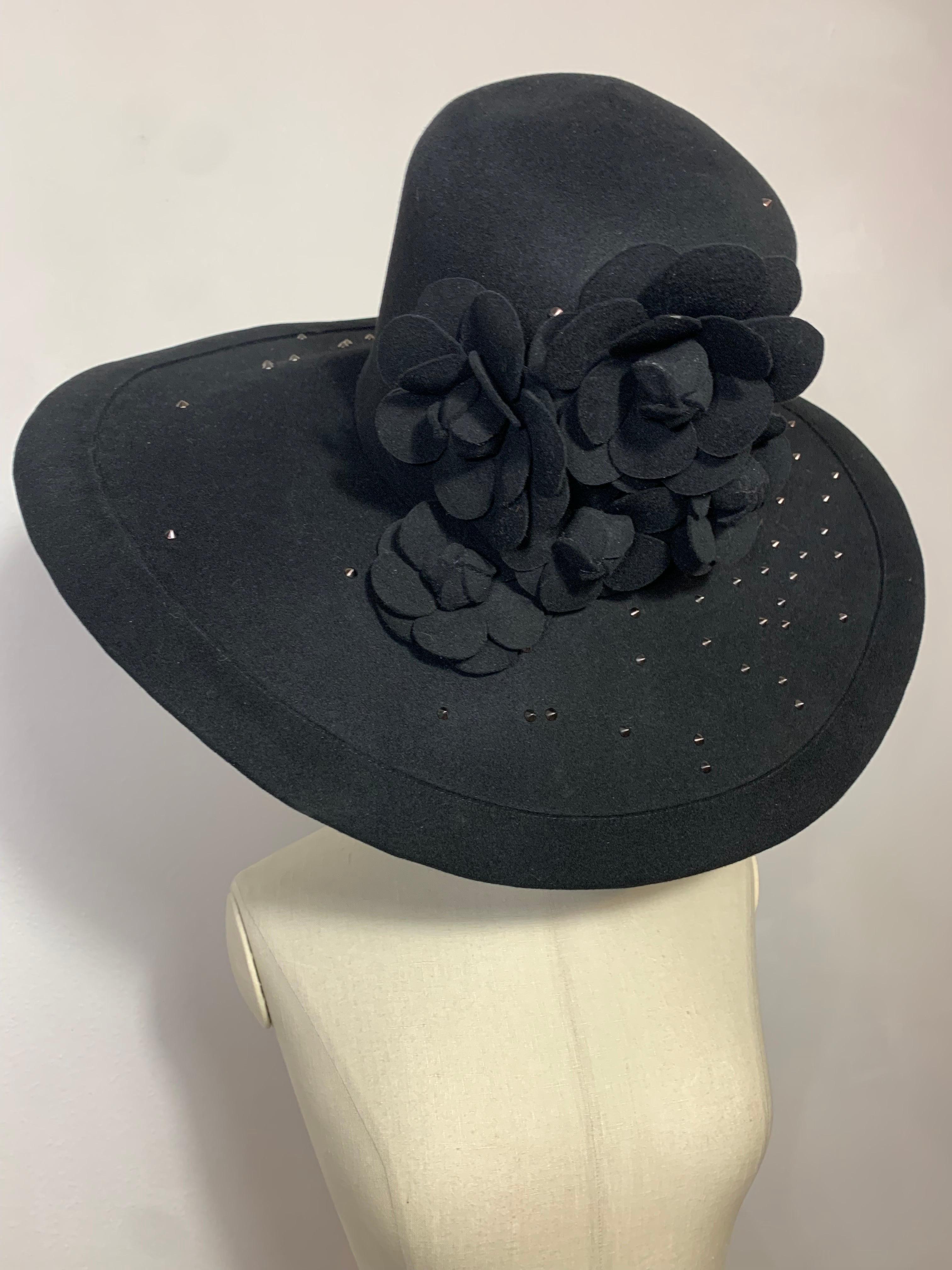 Maison Michel Black Large Brimmed Felt High Crown Hat w Studs & Camellia Flowers For Sale 8