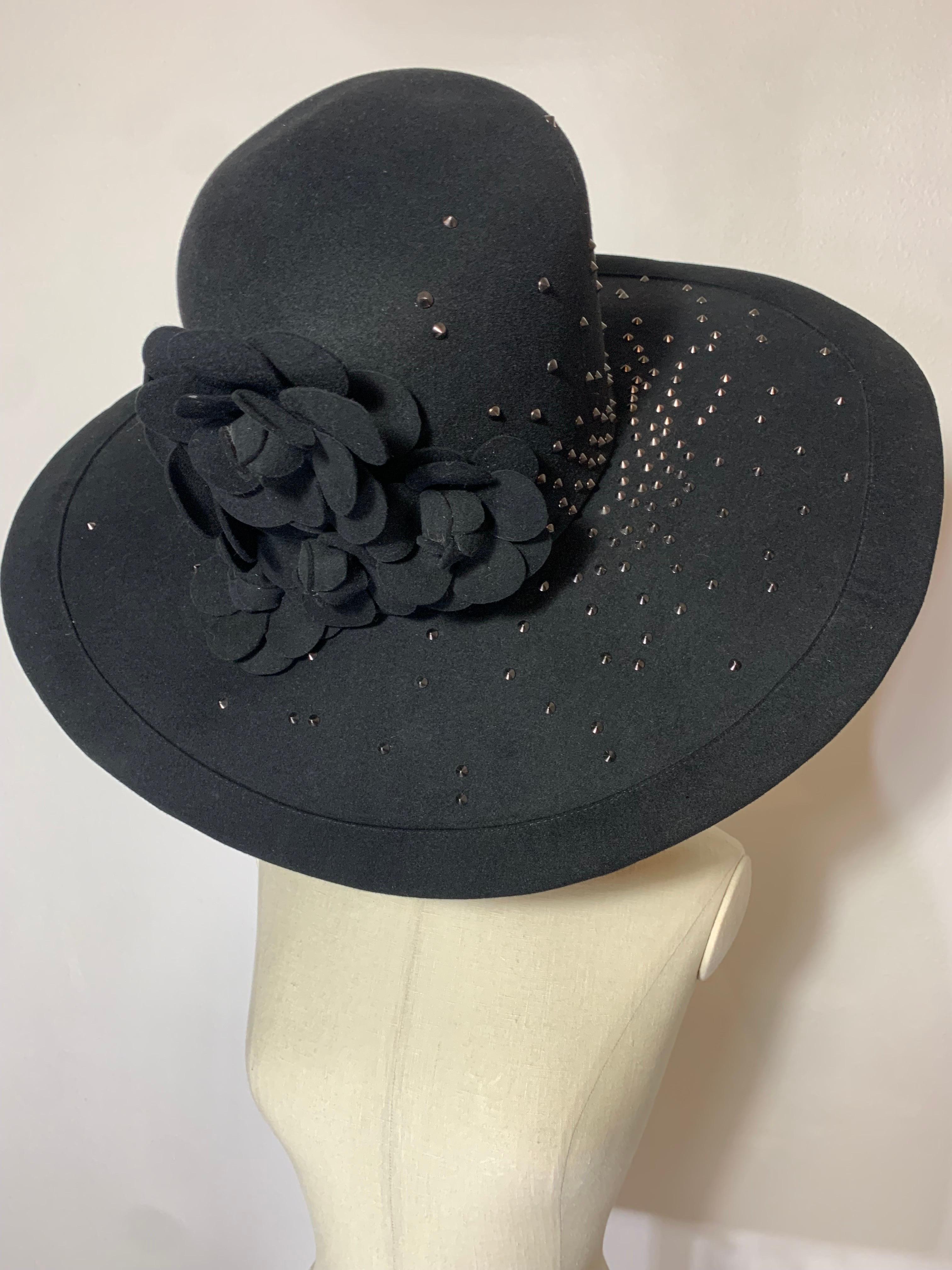 Maison Michel Black Large Brimmed Felt High Crown Hat w Studs & Camellia Flowers For Sale 9