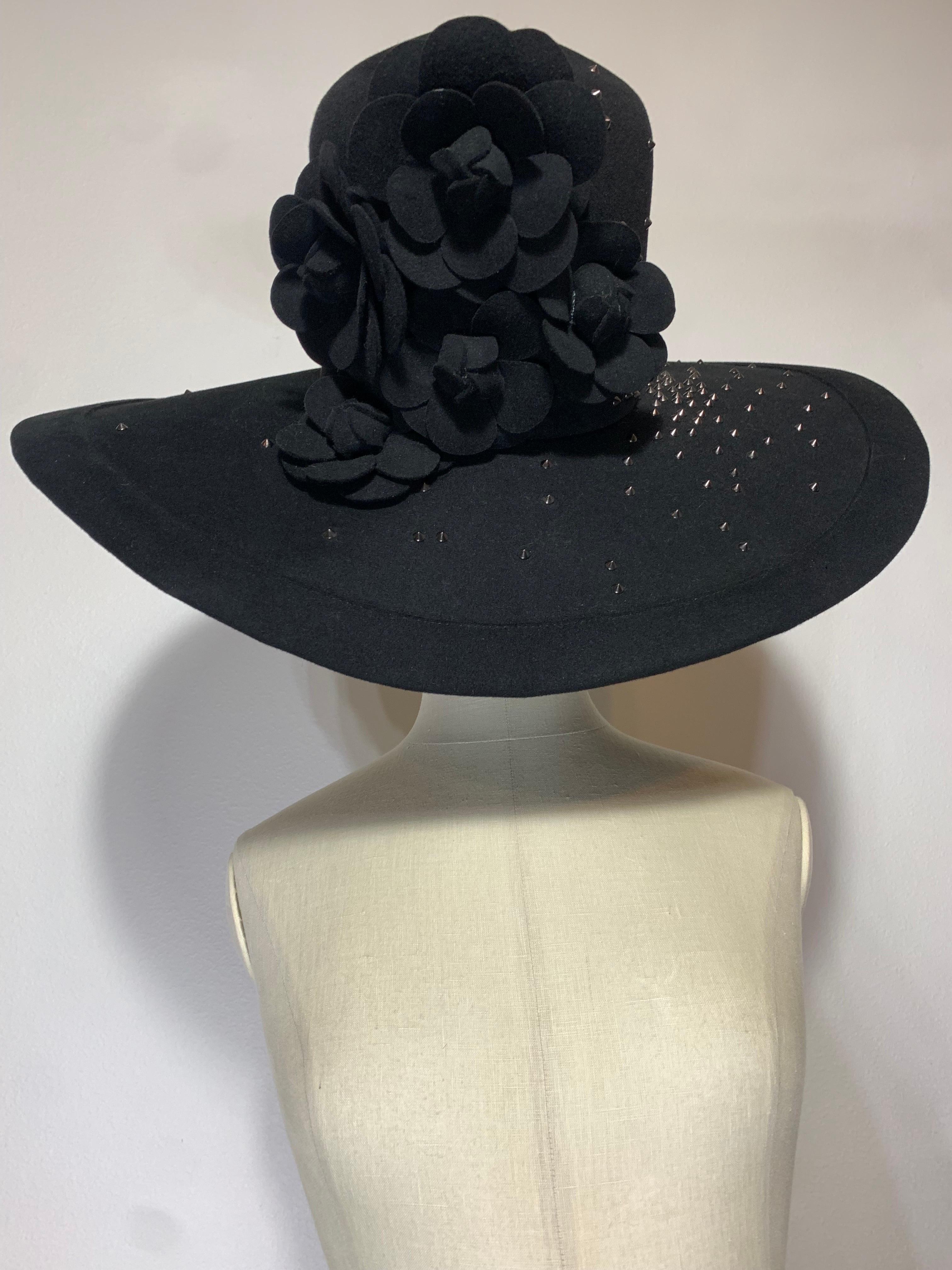 Maison Michel Black Large Brimmed Felt High Crown Hat w Studs & Camellia Flowers For Sale 10