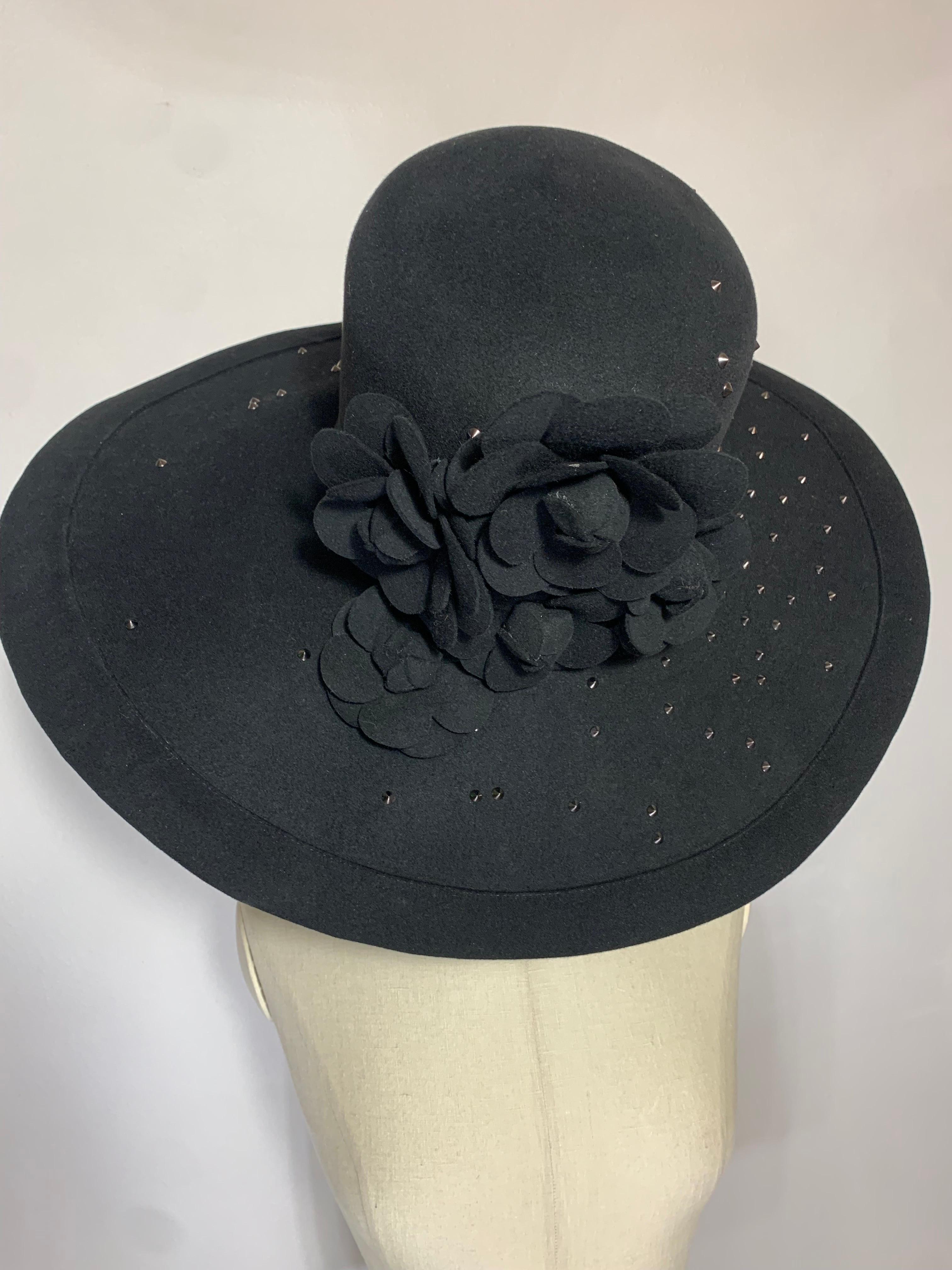 Maison Michel Black Large Brimmed Felt High Crown Hat w Studs & Camellia Flowers For Sale 11