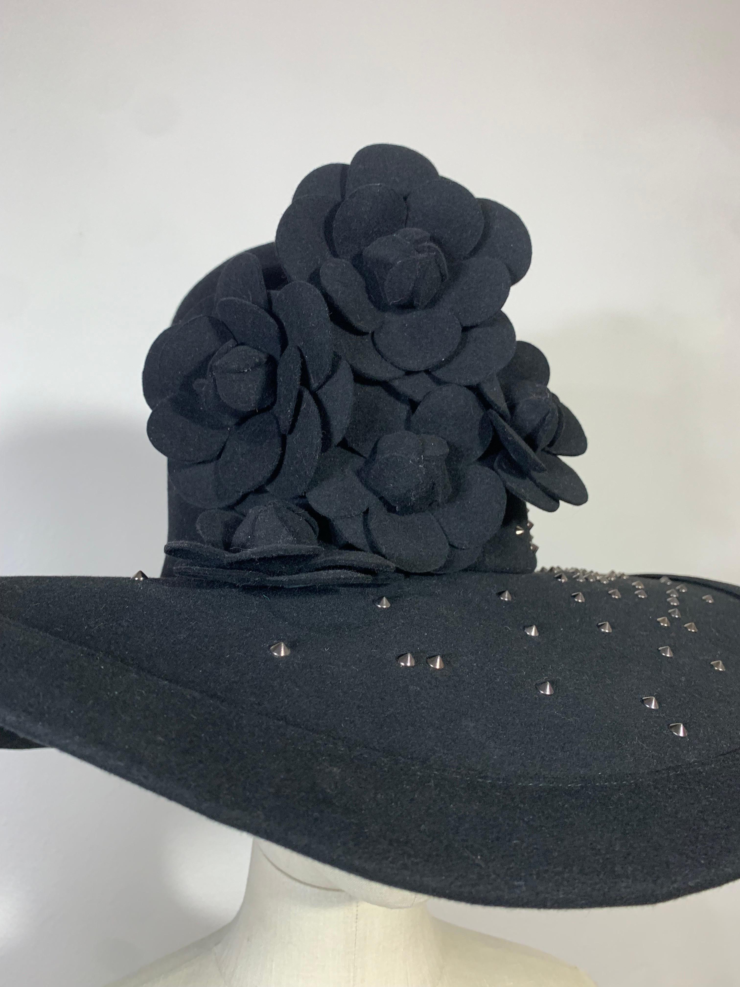 Maison Michel Black Large Brimmed Felt High Crown Hat w Studs & Camellia Flowers In Excellent Condition For Sale In Gresham, OR