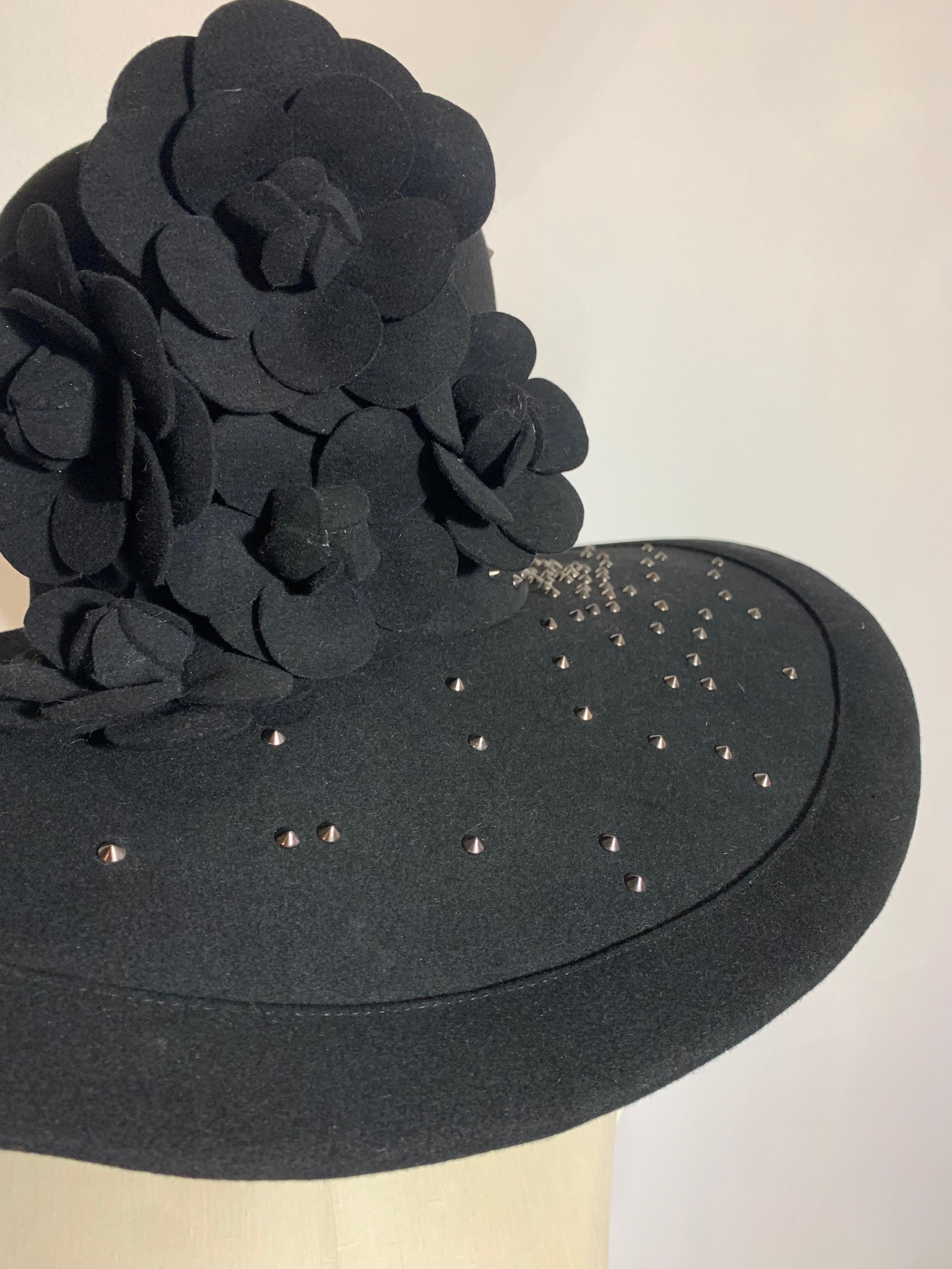 Women's Maison Michel Black Large Brimmed Felt High Crown Hat w Studs & Camellia Flowers For Sale