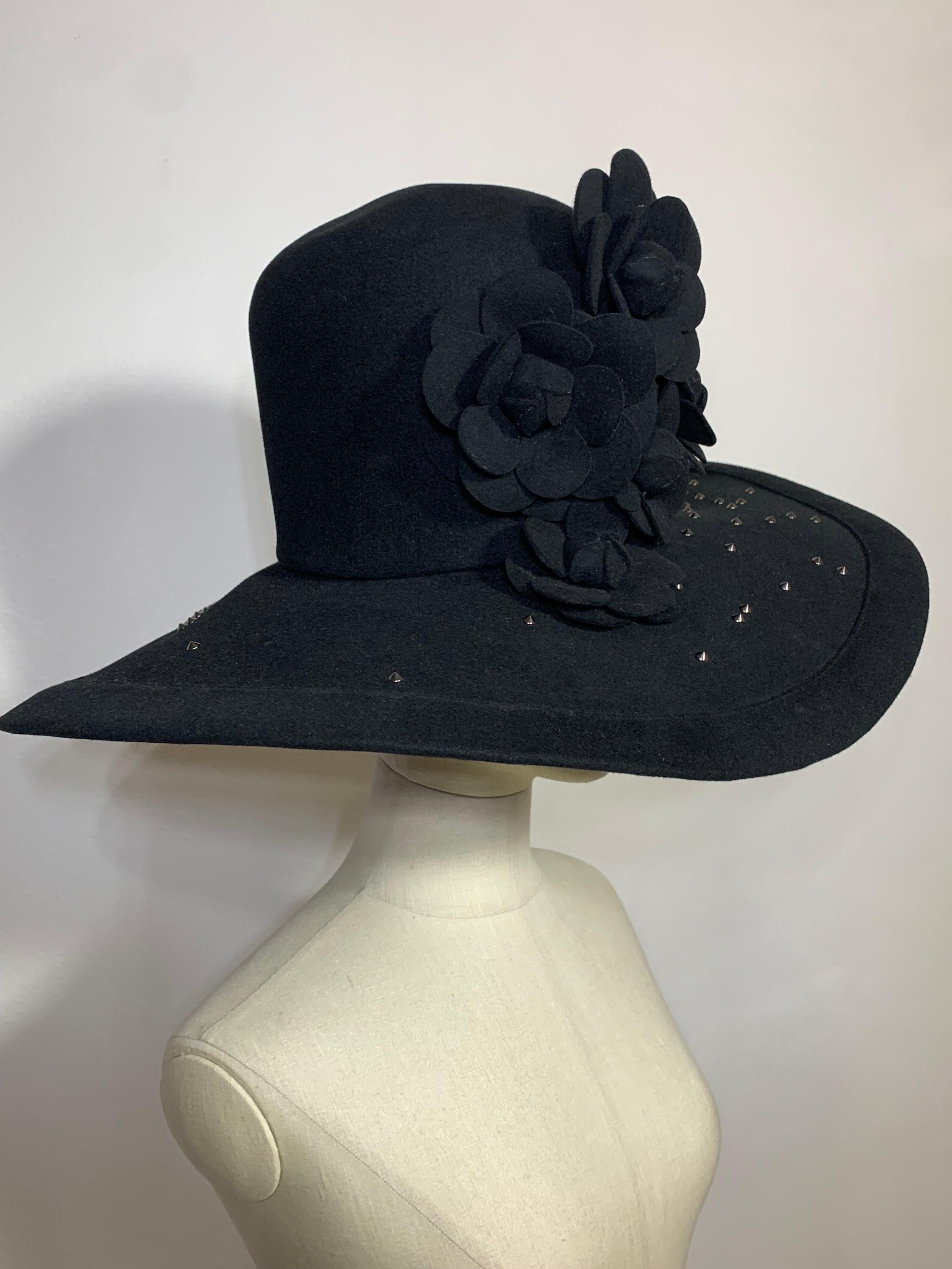 Maison Michel Black Large Brimmed Felt High Crown Hat w Studs & Camellia Flowers For Sale 2