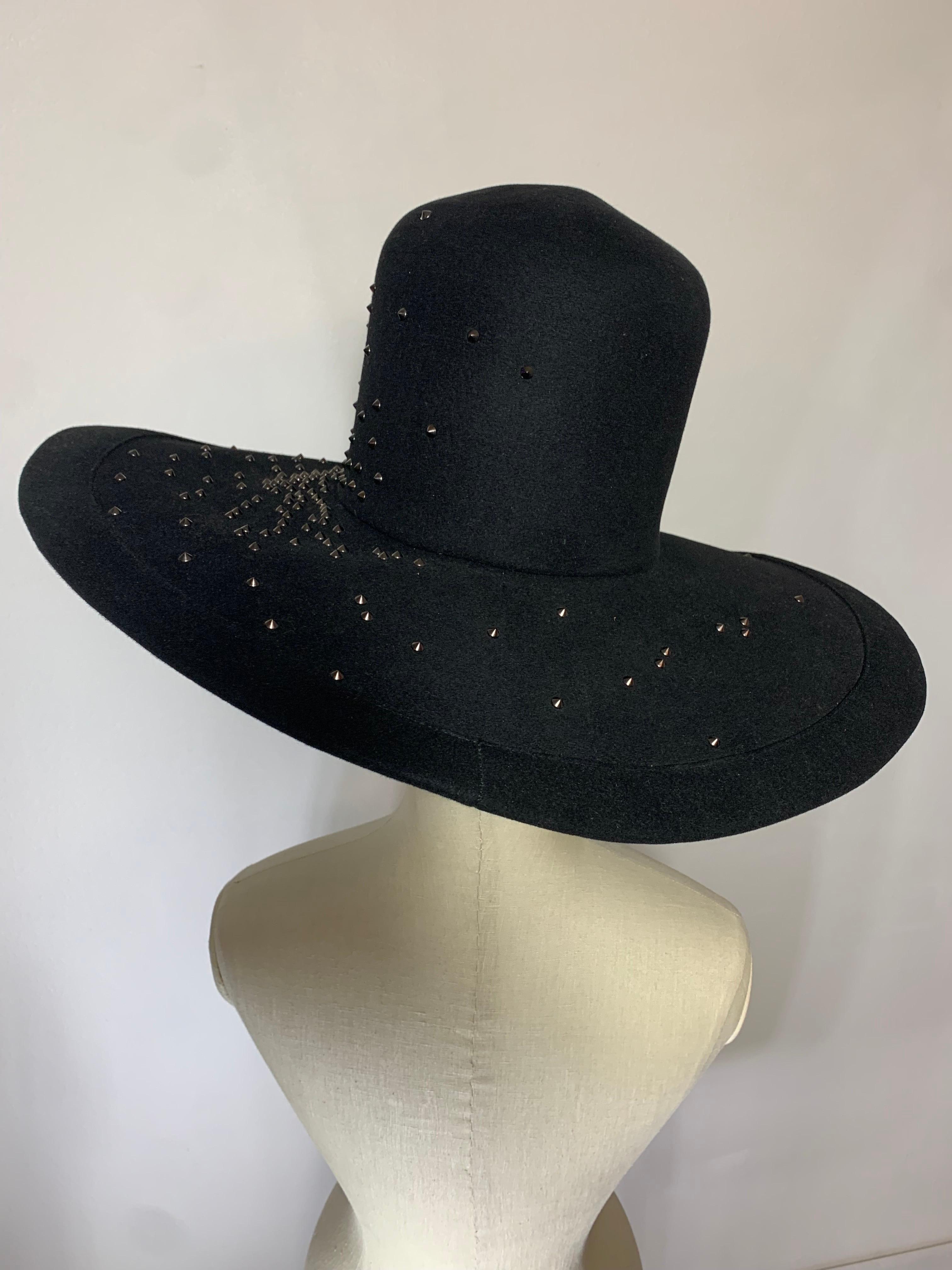 Maison Michel Black Large Brimmed Felt High Crown Hat w Studs & Camellia Flowers For Sale 3