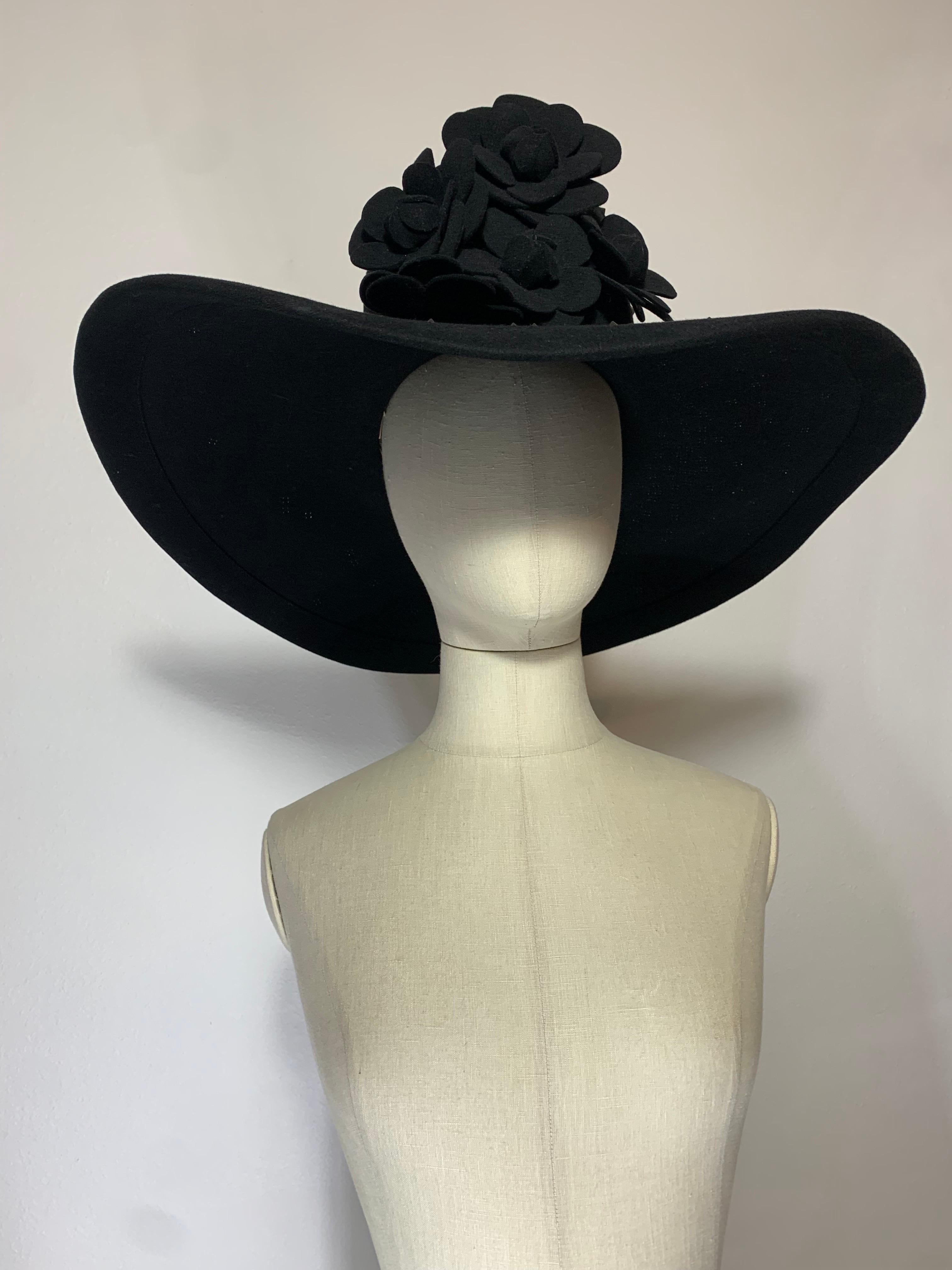 Maison Michel Black Large Brimmed Felt High Crown Hat w Studs & Camellia Flowers For Sale 5