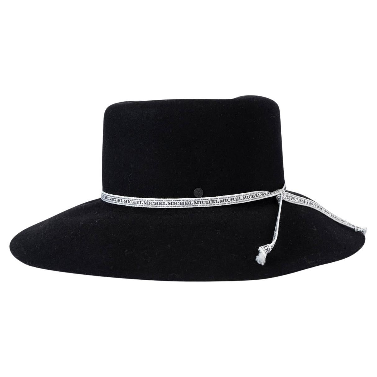 MAISON MICHEL black rabbit felt ANDRE LOGO FEDORA Hat S For Sale