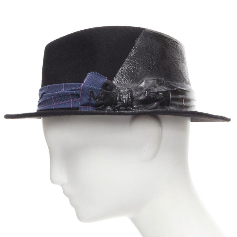MAISON MICHEL black wool paint lacquered blue check ribbon fedora hat M 57cm
Reference: MELK/A00159
Brand: Maison Michel
Material: Wool
Color: Black
Pattern: Solid
Extra Details: Fedora hat. Frayed blue purple check wrap ribbon tie bow. Black paint