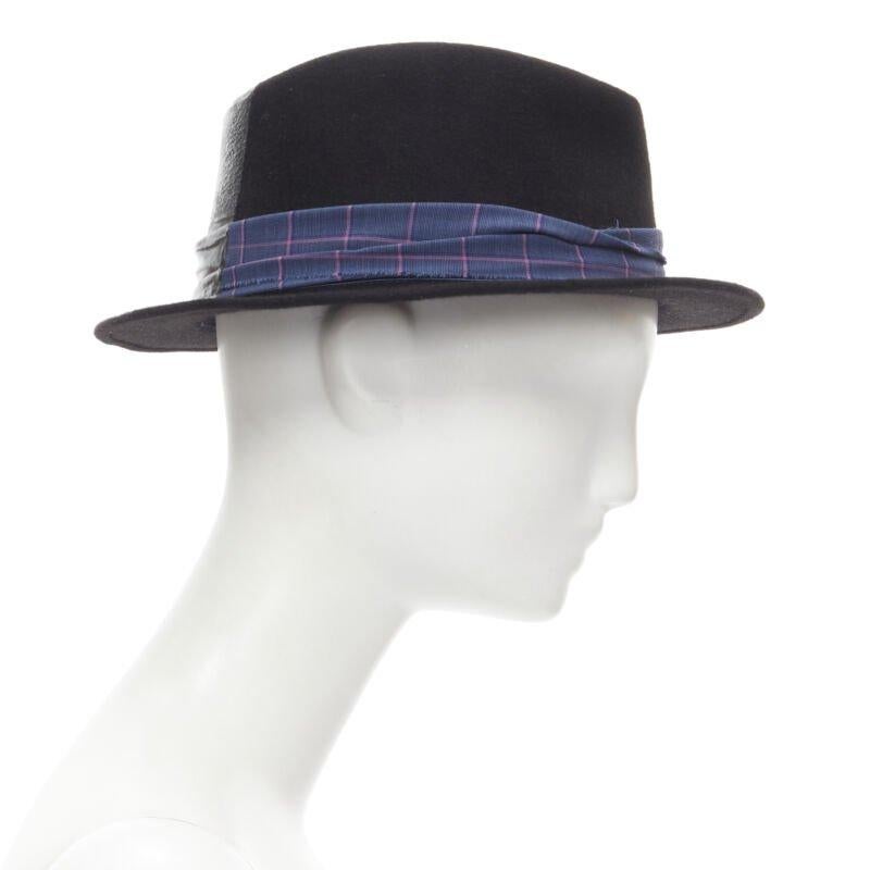 MAISON MICHEL black wool paint lacquered blue check ribbon fedora hat M 57cm In Excellent Condition For Sale In Hong Kong, NT
