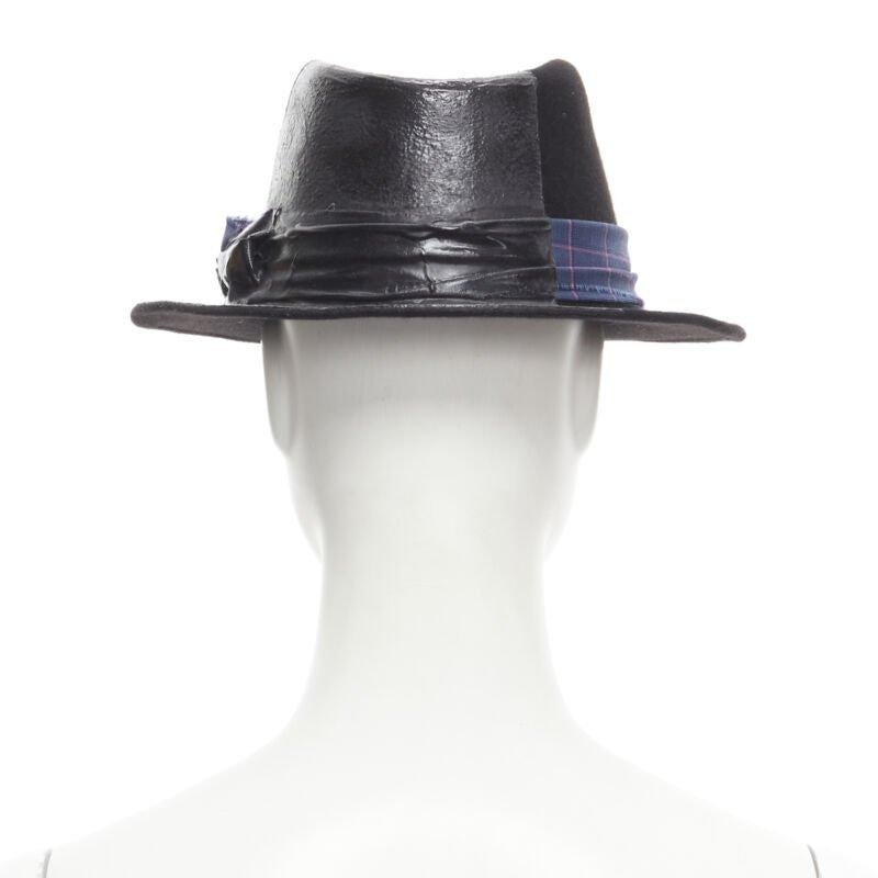 Women's MAISON MICHEL black wool paint lacquered blue check ribbon fedora hat M 57cm For Sale