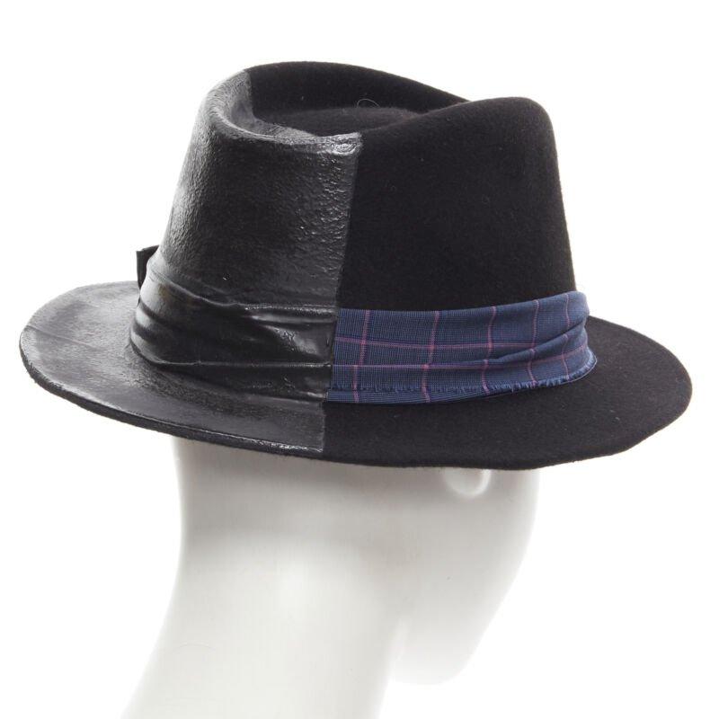 MAISON MICHEL black wool paint lacquered blue check ribbon fedora hat M 57cm For Sale 1