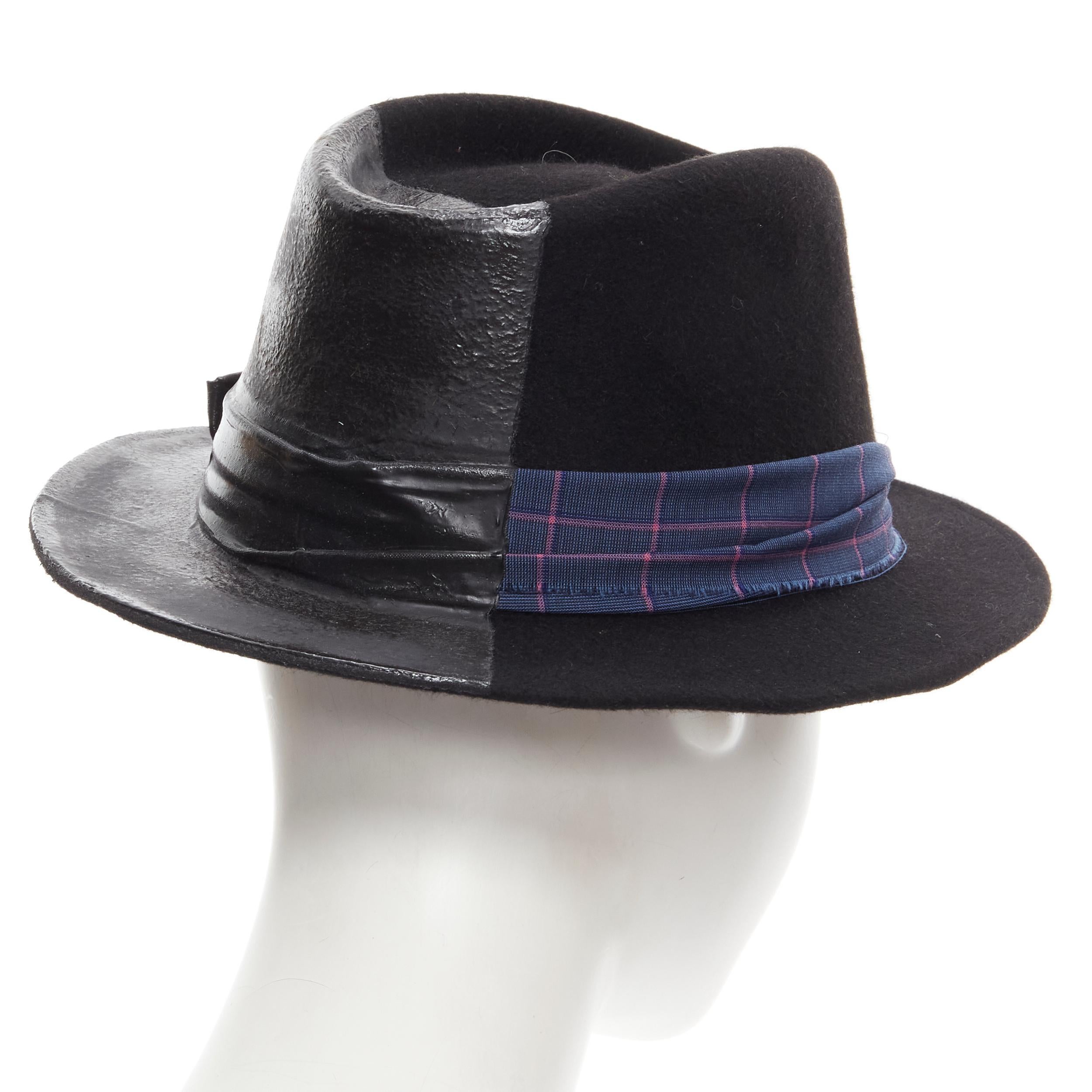 Gray MAISON MICHEL black wool paint lacquered blue check ribbon fedora hat M 57cm For Sale