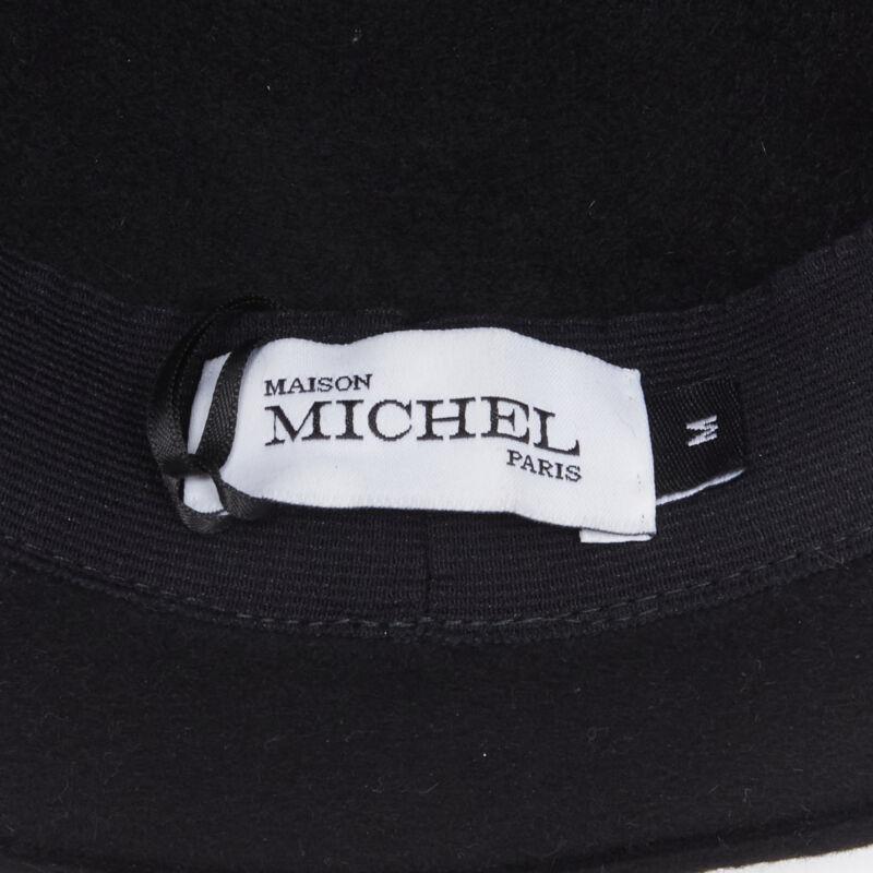MAISON MICHEL black wool paint lacquered blue check ribbon fedora hat M 57cm For Sale 2