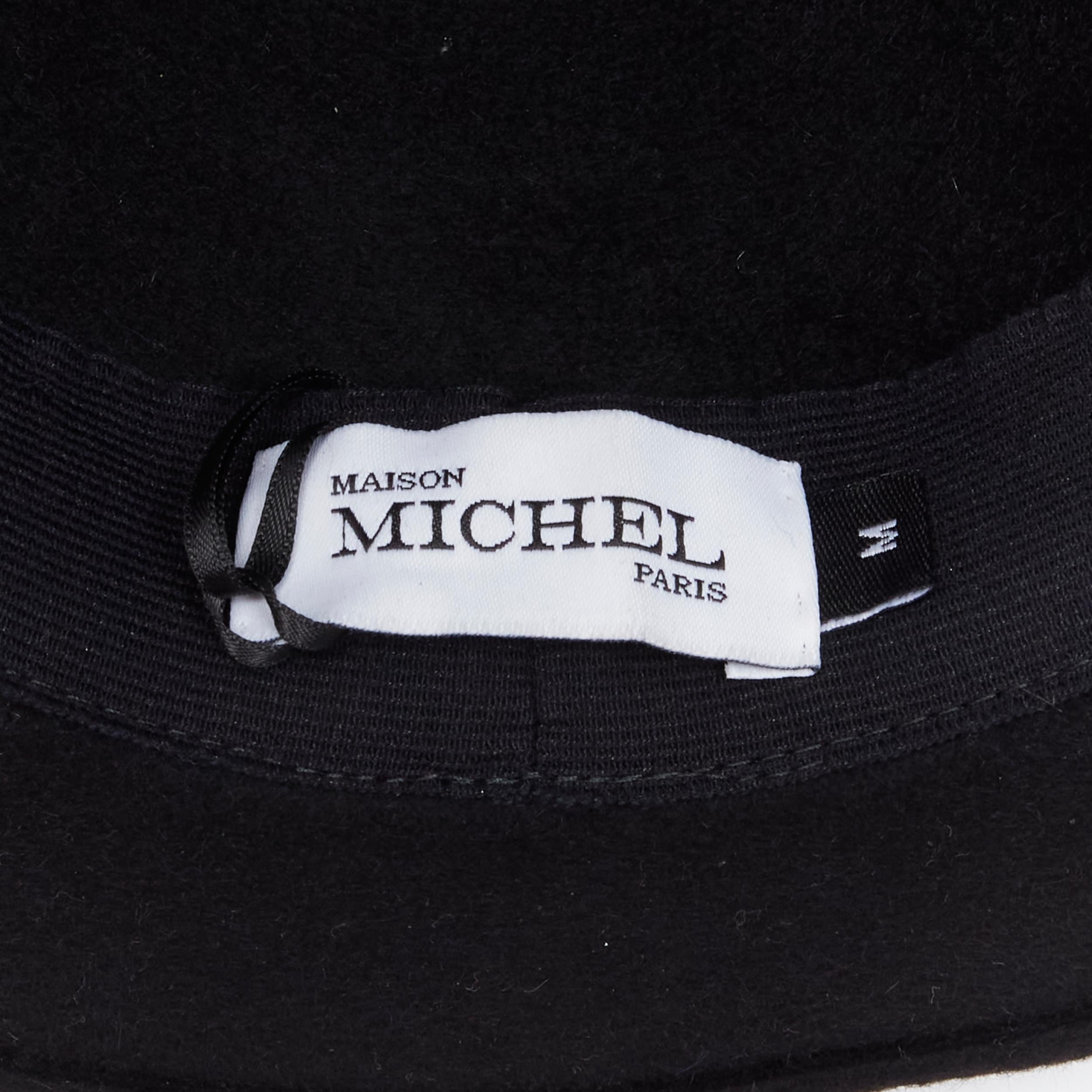 MAISON MICHEL black wool paint lacquered blue check ribbon fedora hat M 57cm In New Condition For Sale In Hong Kong, NT