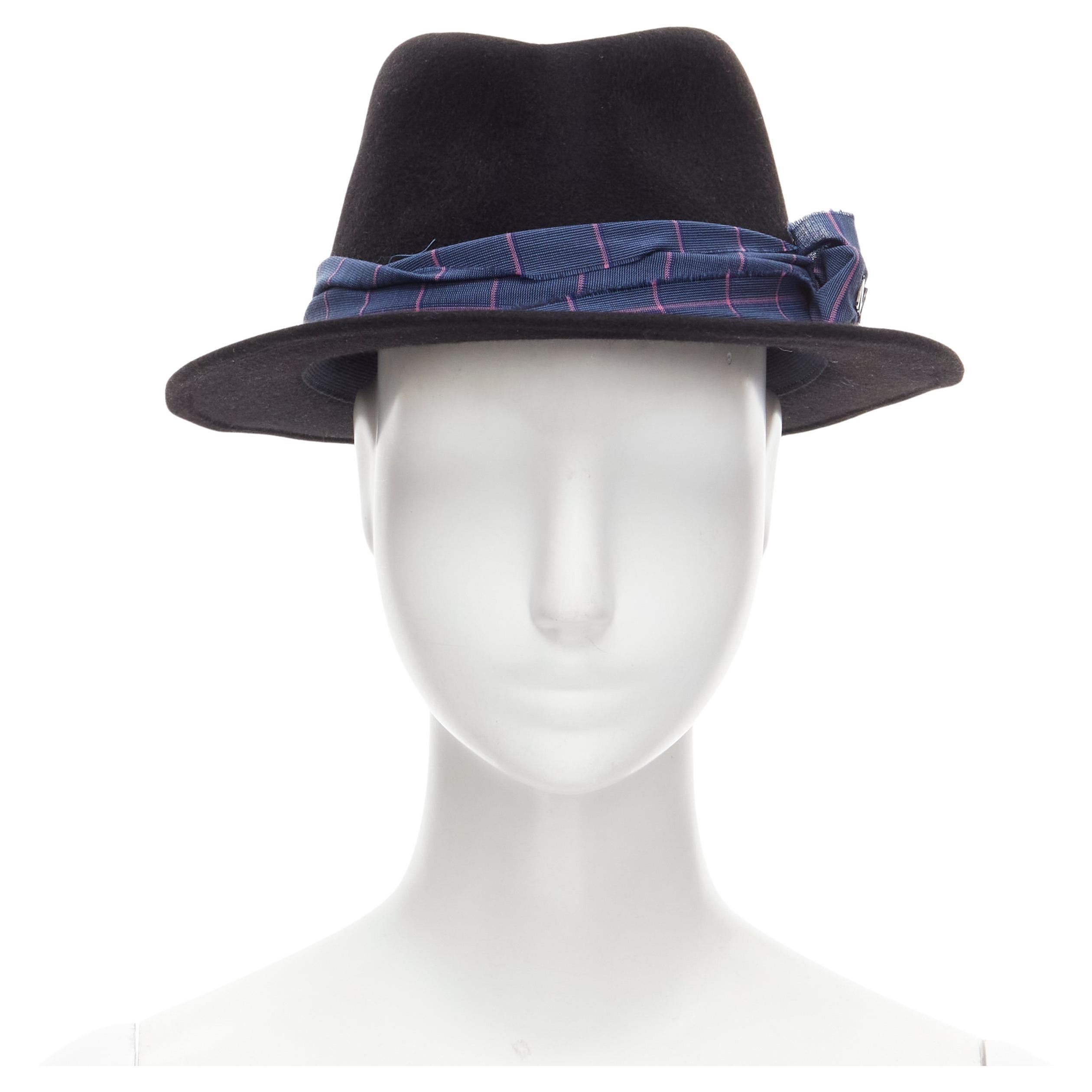 MAISON MICHEL black wool paint lacquered blue check ribbon fedora hat M 57cm For Sale
