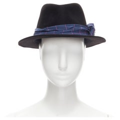 MAISON MICHEL black wool paint lacquered blue check ribbon fedora hat M 57cm