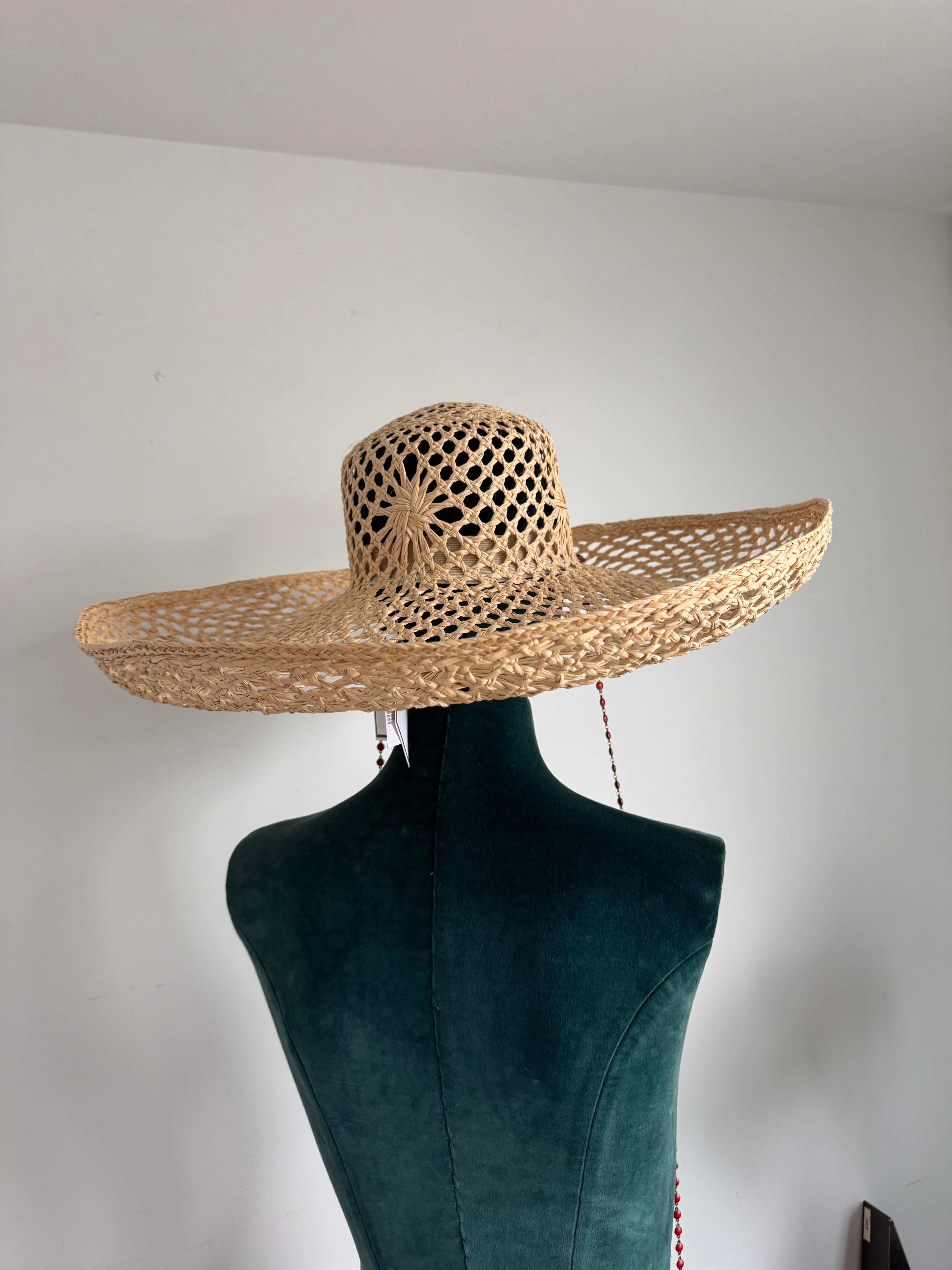Maison Michel Brigitten Straw Hat with Coral chain In New Condition For Sale In Toronto, CA