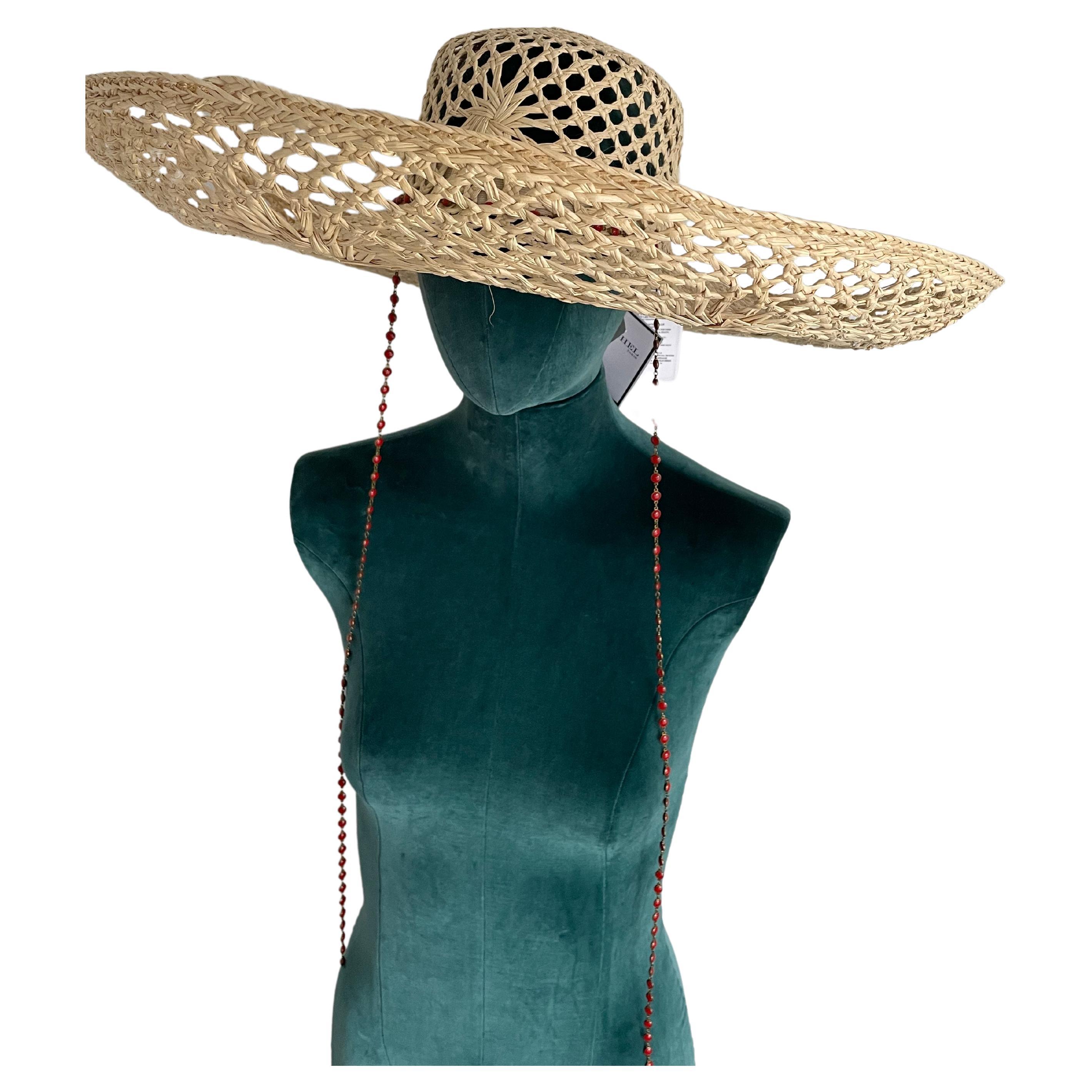 Maison Michel Brigitten Straw Hat with Coral chain For Sale