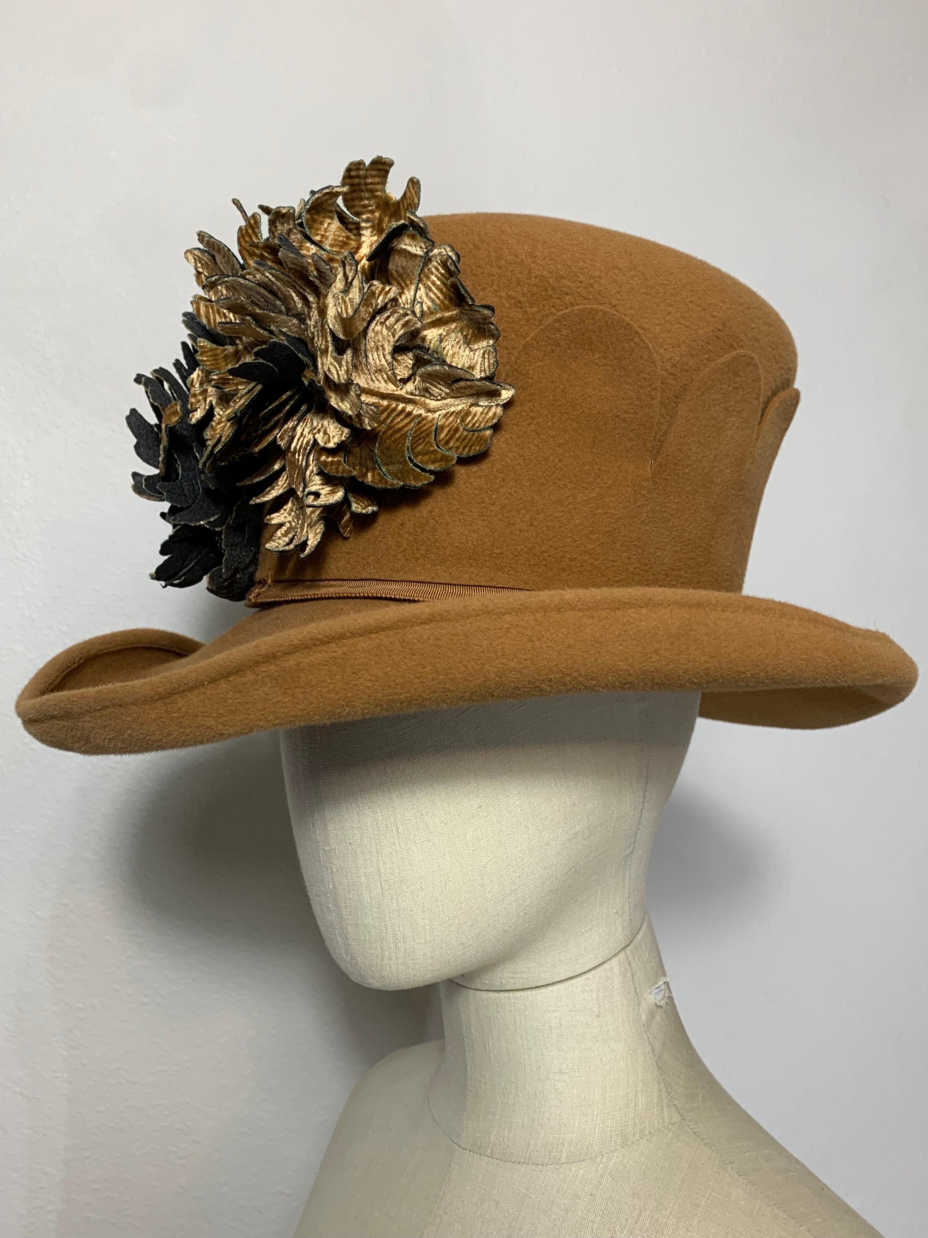 Maison Michel Brimmed Caramel Felt High Top Hat w Silk Leaves & Scalloped Band For Sale 6