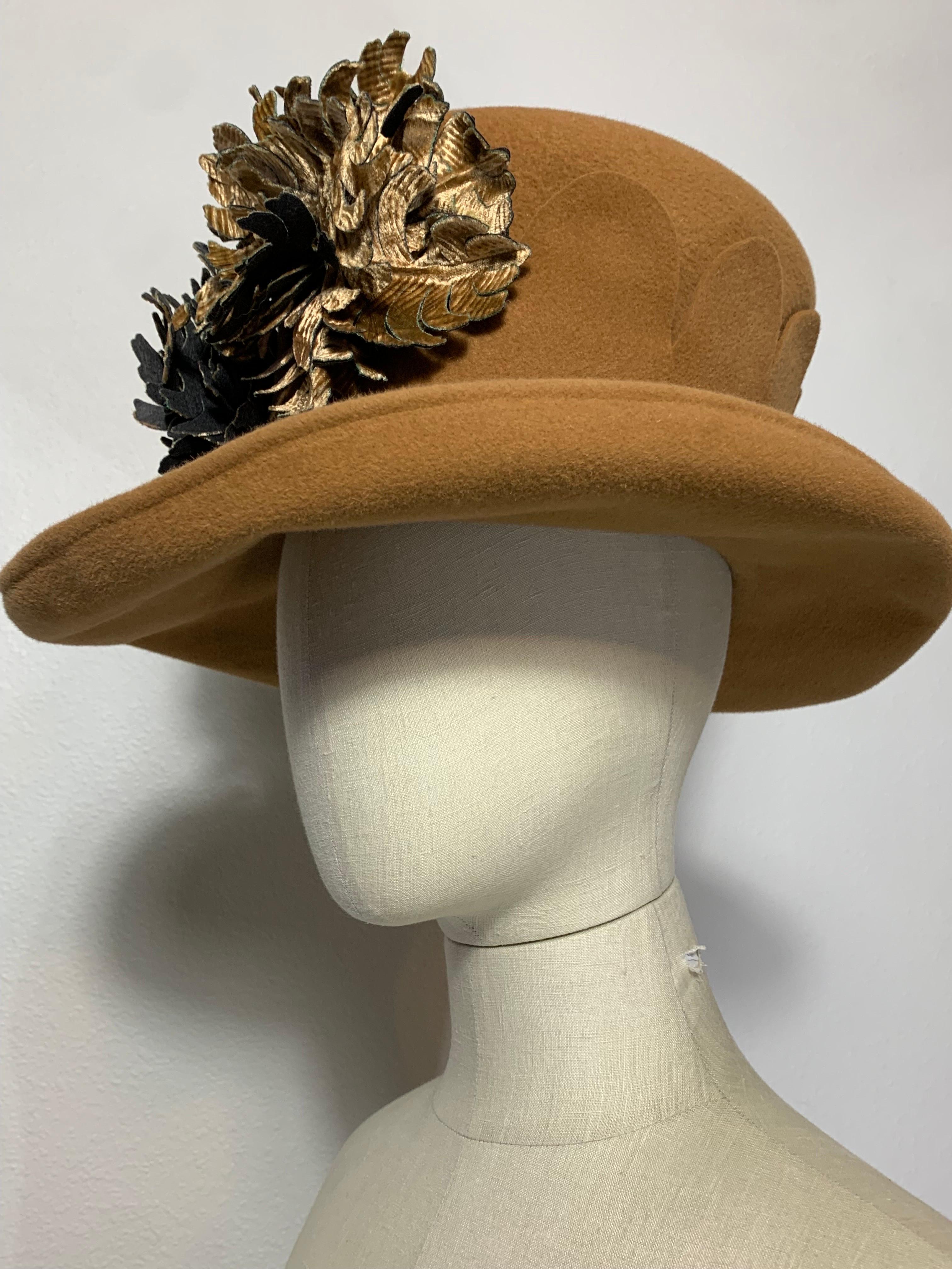 Maison Michel Brimmed Caramel Felt High Top Hat w Silk Leaves & Scalloped Band For Sale 6