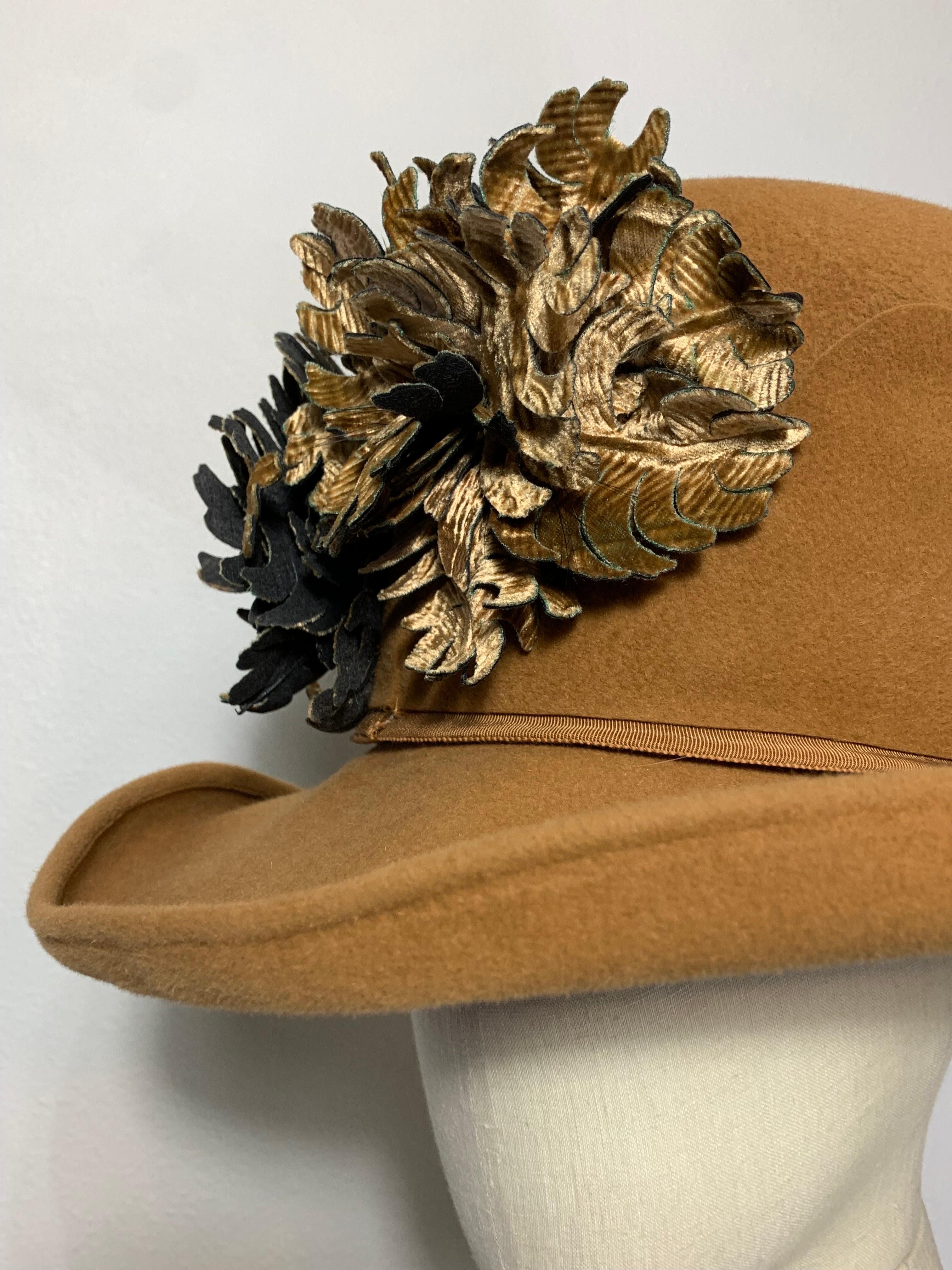 Maison Michel Brimmed Caramel Felt High Top Hat w Silk Leaves & Scalloped Band For Sale 8
