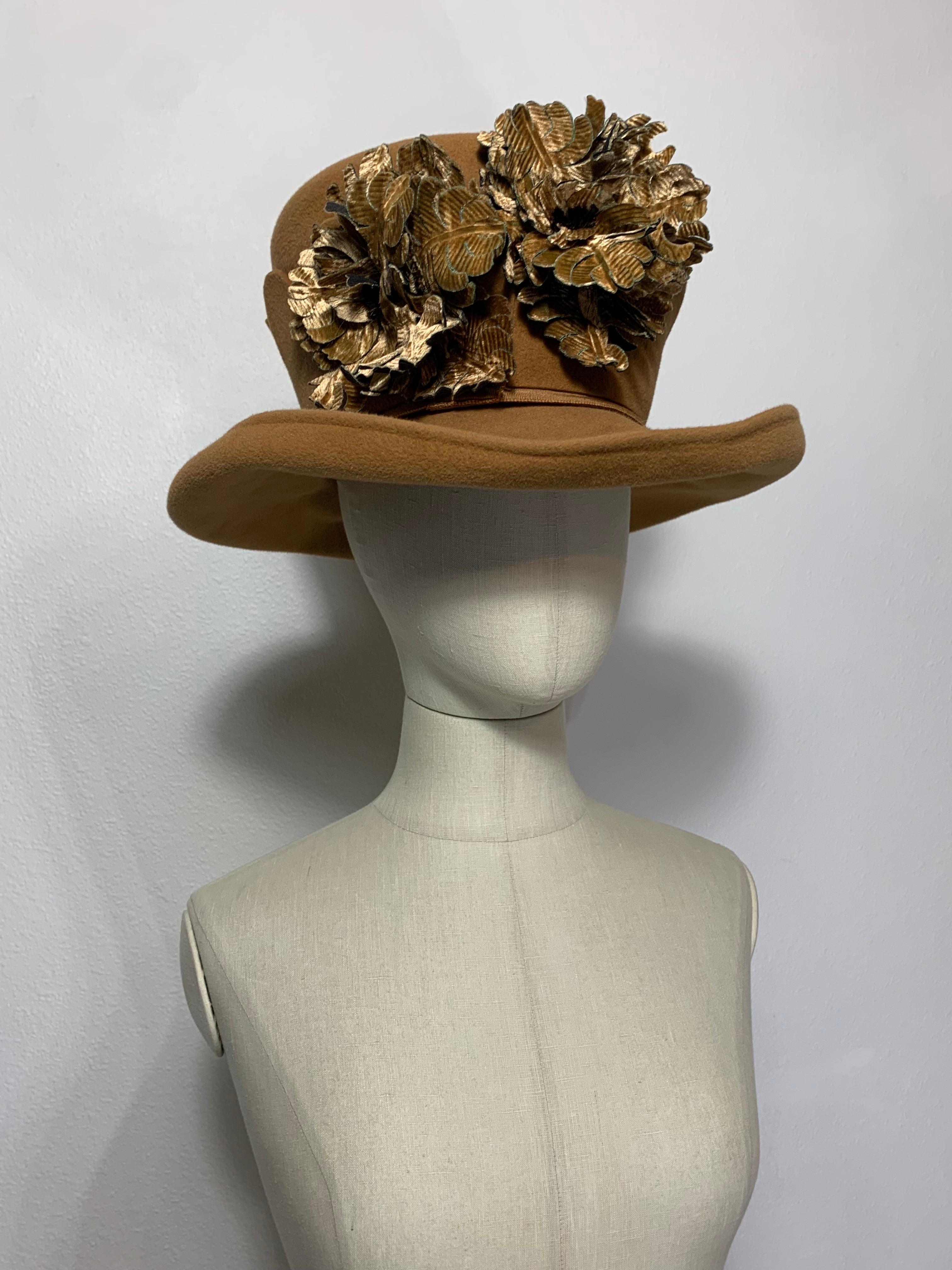 Maison Michel Brimmed Caramel Felt High Top Hat w Silk Leaves & Scalloped Band For Sale 9