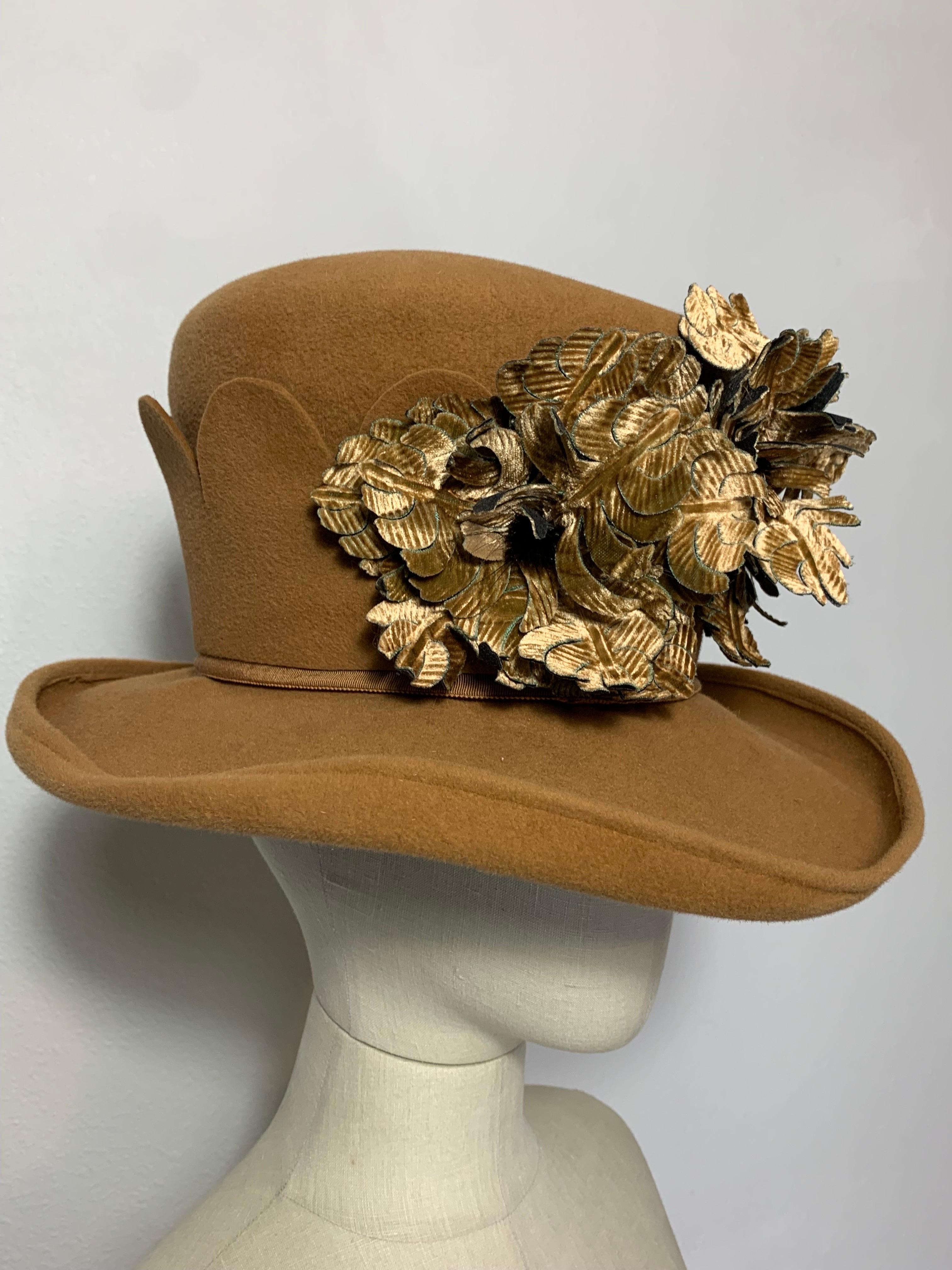 Maison Michel Autumn/Winter Medium Brim Caramel Felt Beautifully Blocked High Top Hat with Matching Silk and Velvet Oak Leaves and Wide Scalloped Felt Band: Unlabeled, with attached combs for securing. Size 6 7/8 Medium. Made in France. 

Please