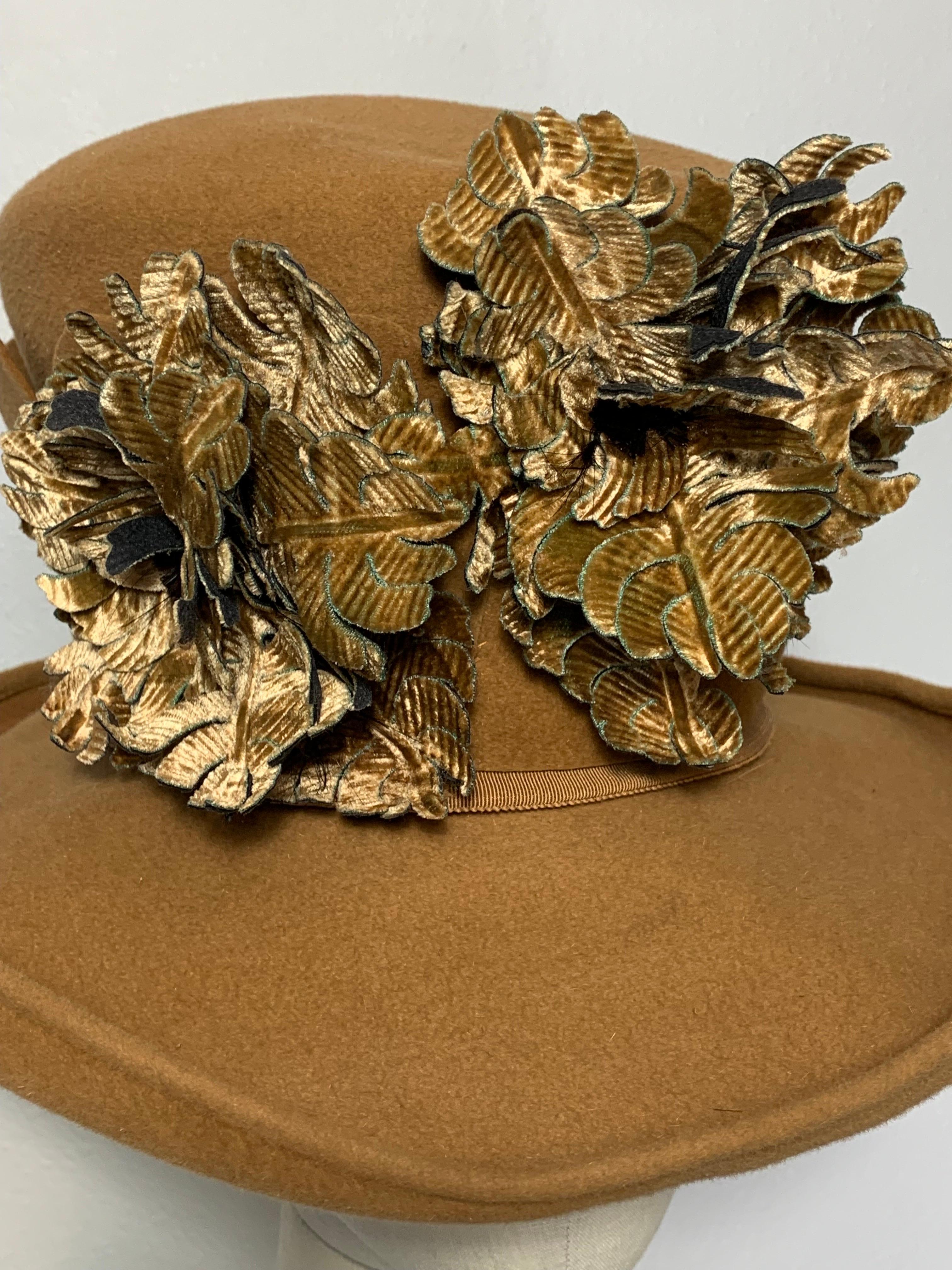 Maison Michel Brimmed Caramel Felt High Top Hat w Silk Leaves & Scalloped Band In Excellent Condition For Sale In Gresham, OR