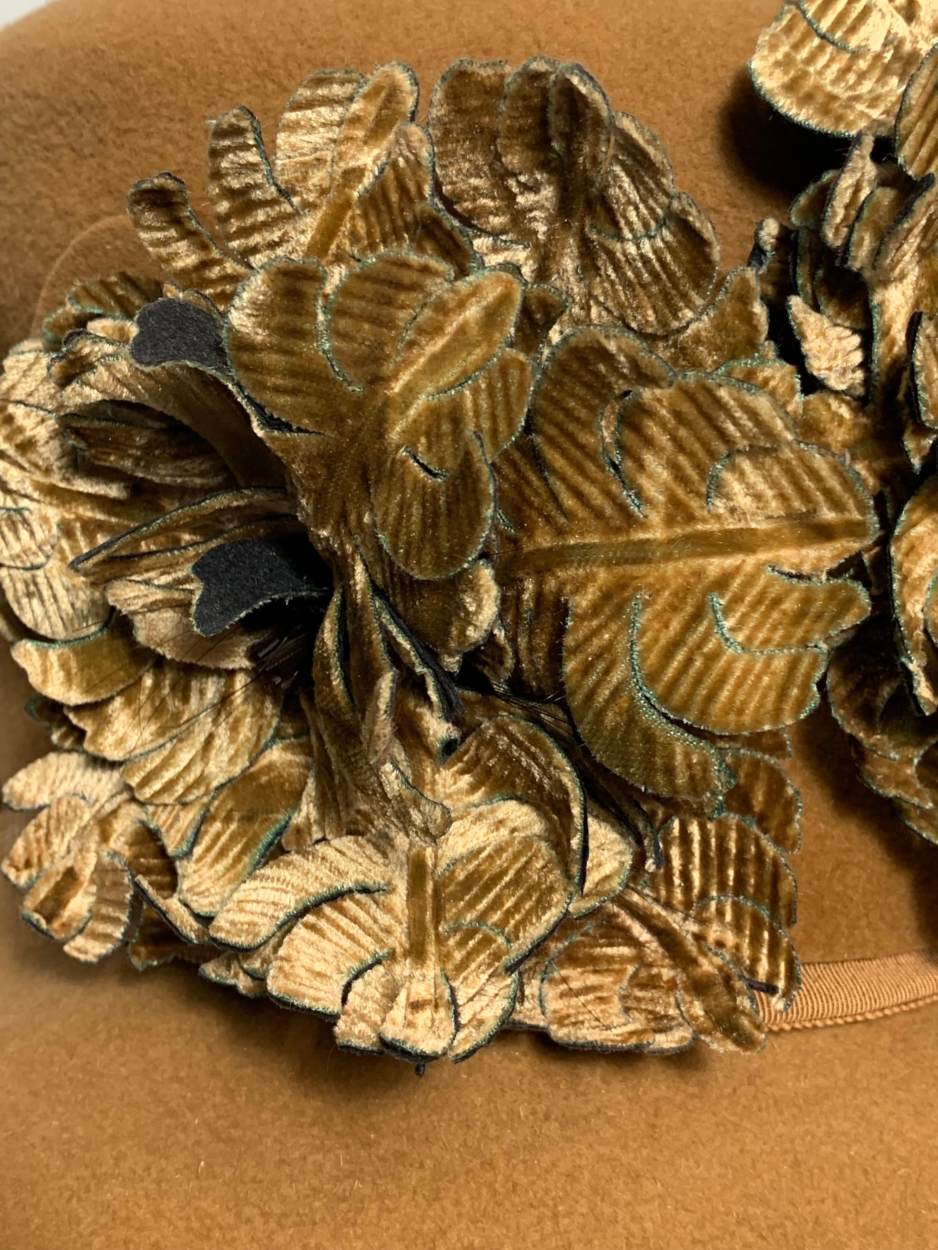 Women's or Men's Maison Michel Brimmed Caramel Felt High Top Hat w Silk Leaves & Scalloped Band For Sale