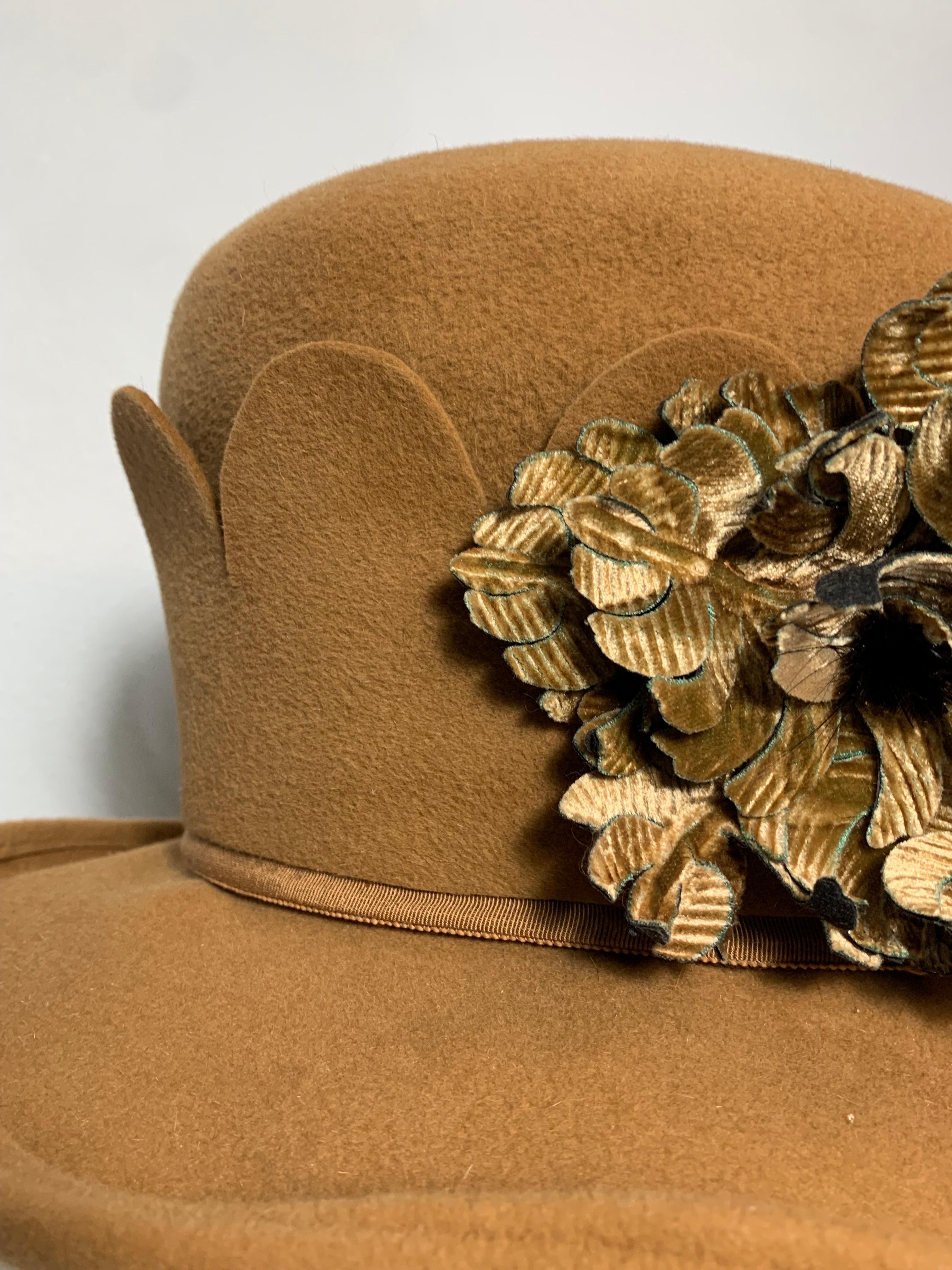 Maison Michel Brimmed Caramel Felt High Top Hat w Silk Leaves & Scalloped Band For Sale 2