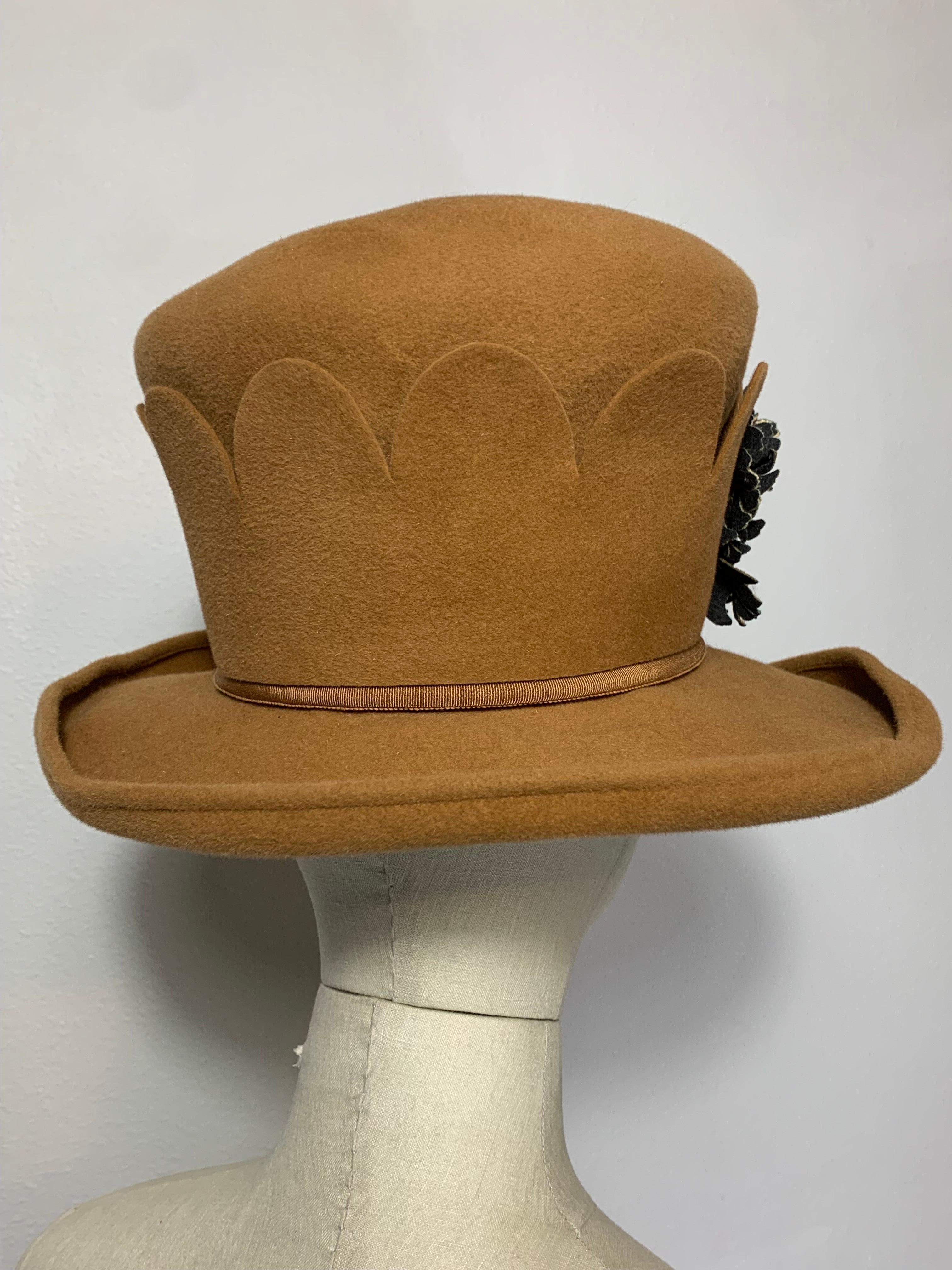 Maison Michel Brimmed Caramel Felt High Top Hat w Silk Leaves & Scalloped Band For Sale 3