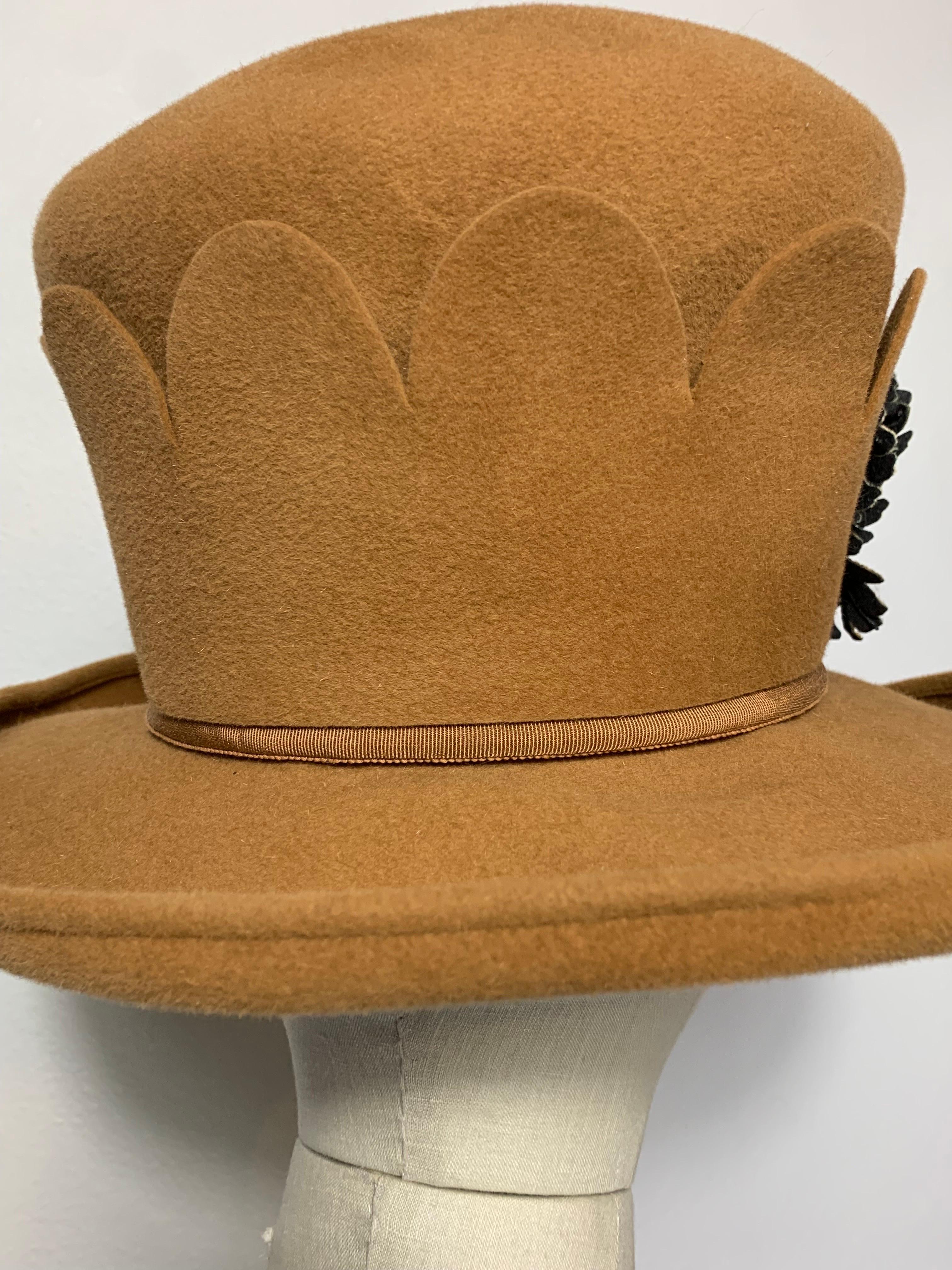 Maison Michel Brimmed Caramel Felt High Top Hat w Silk Leaves & Scalloped Band For Sale 4