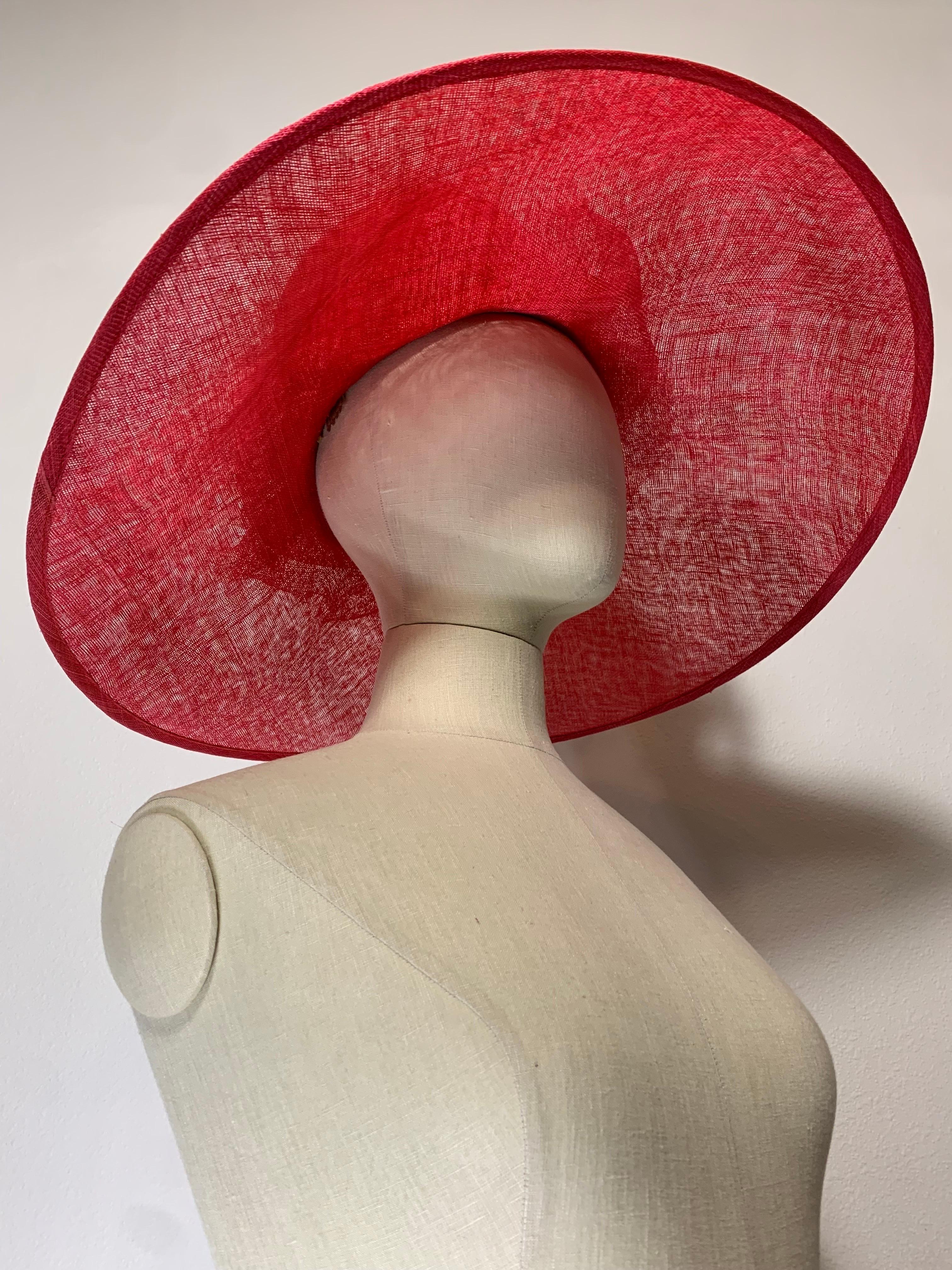 Maison Michel Cardinal Red Sheer Straw Wide Brim Tall Crown Hat w Satin Bows For Sale 6