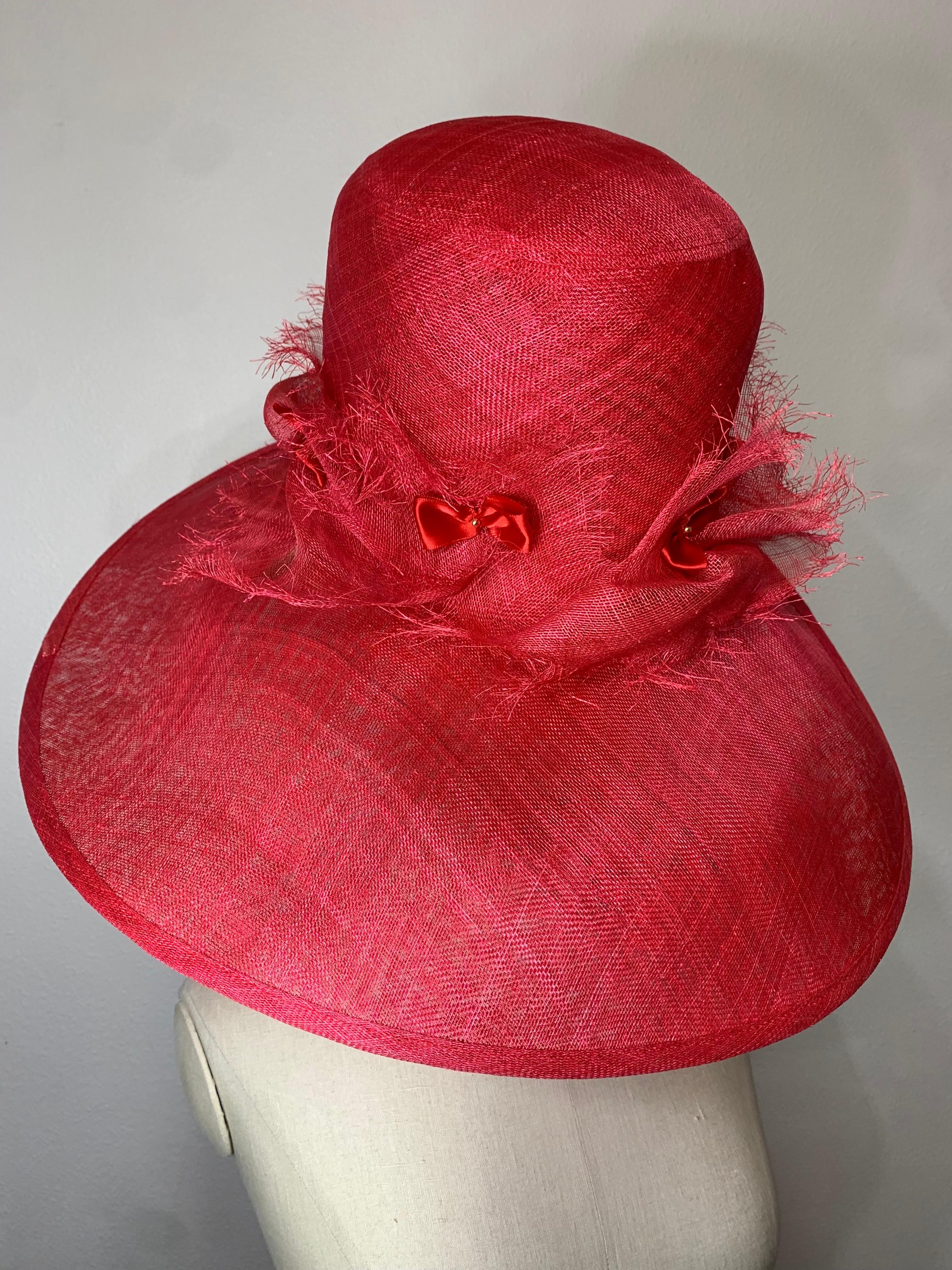 Maison Michel Cardinal Red Sheer Straw Wide Brim Tall Crown Hat w Satin Bows For Sale 7