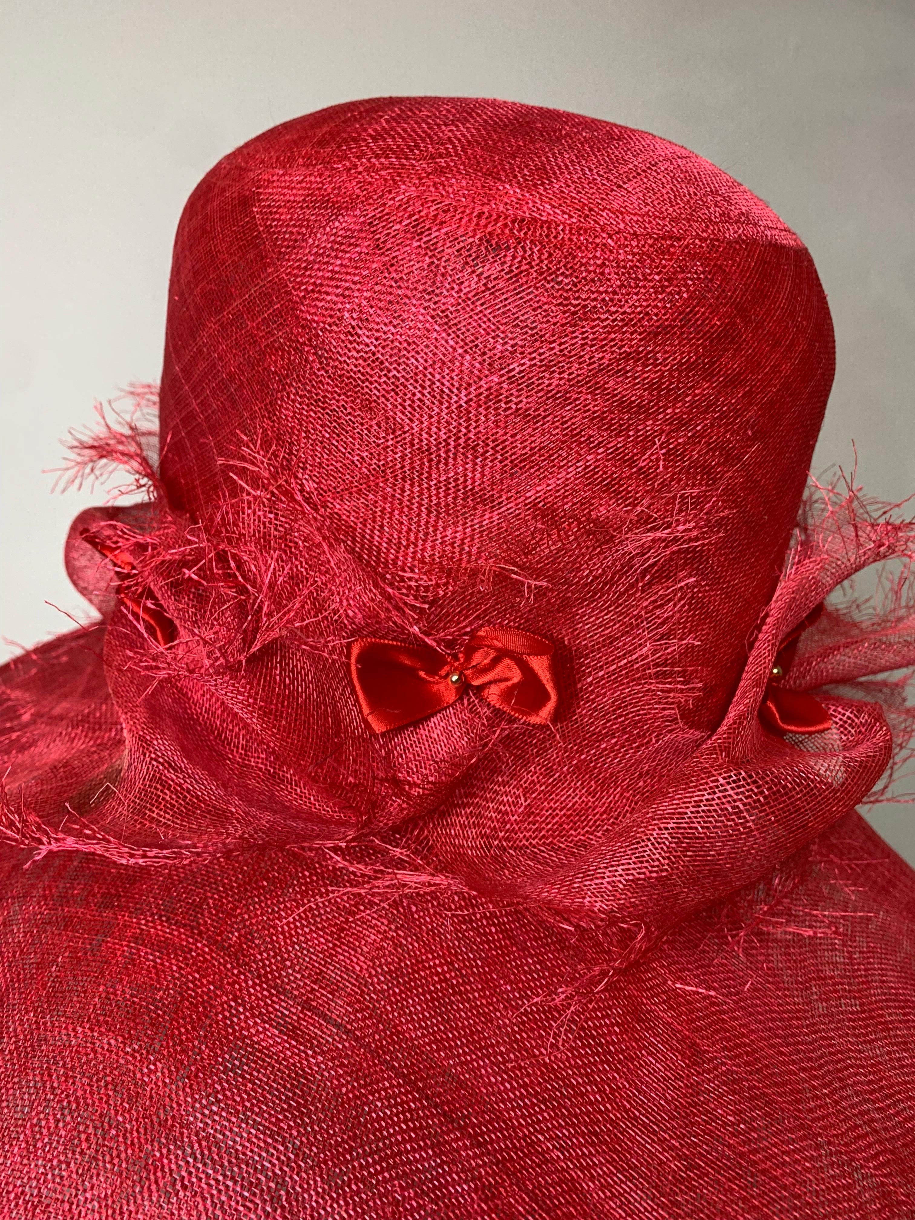 Maison Michel Cardinal Red Sheer Straw Wide Brim Tall Crown Hat w Satin Bows For Sale 8