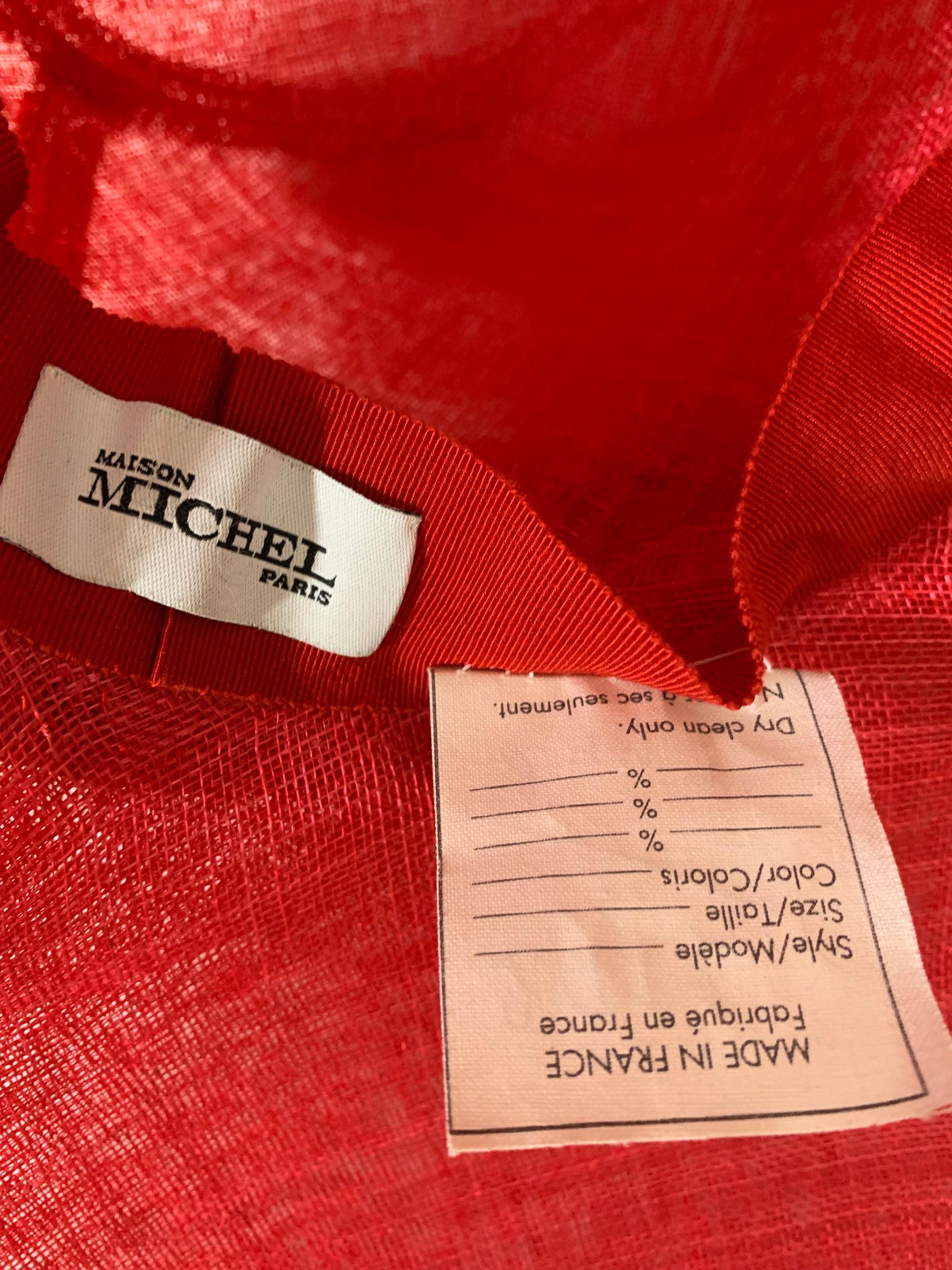 Maison Michel Kardinal rot schiere Stroh breite Krempe hohe Krone Hut w Satin Schleifen im Angebot 10