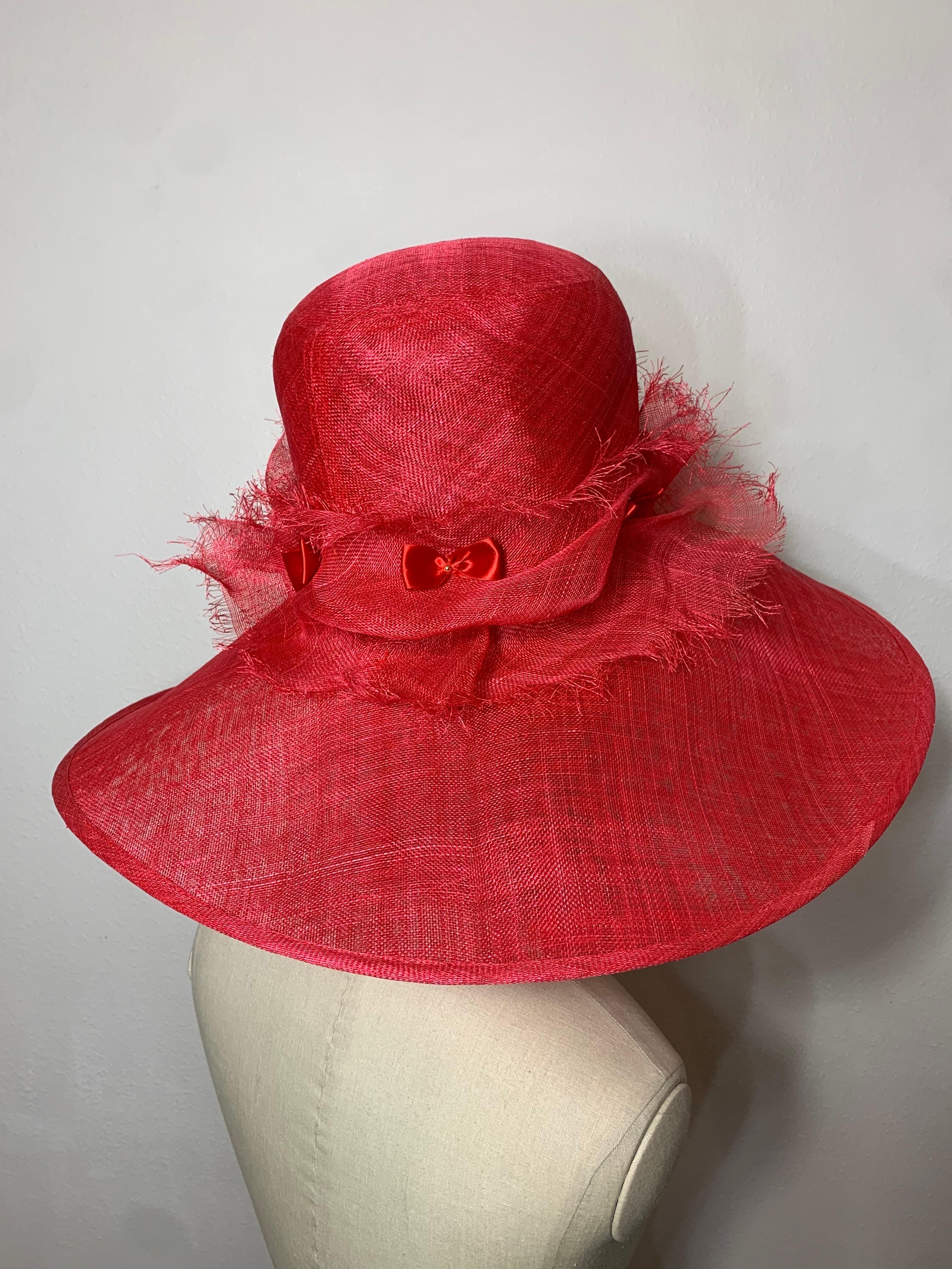 Maison Michel Spring / Summer Cardinal Red Sheer Straw Wide Brim Tall Crown Hat w Frayed Straw Band and Red Satin Bows: Downturned brim is dramatic and can be seen through. Can also be flipped up for a contrasting look. Brim measures 23