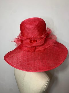 Maison Michel Cardinal Red Sheer Straw Wide Brim Tall Crown Hat w Satin Bows