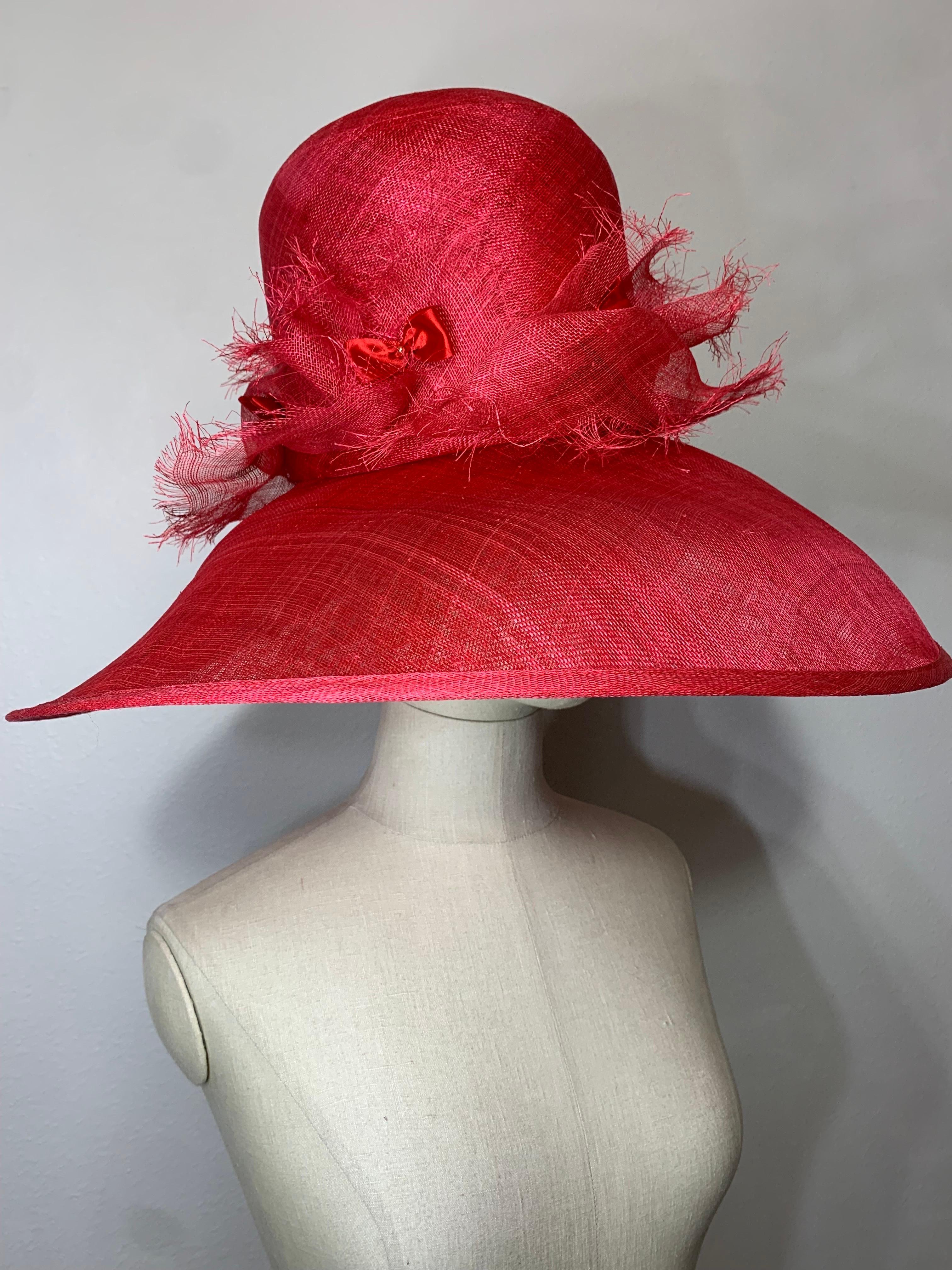 Maison Michel Cardinal Red Sheer Straw Wide Brim Tall Crown Hat w Satin Bows In Excellent Condition For Sale In Gresham, OR