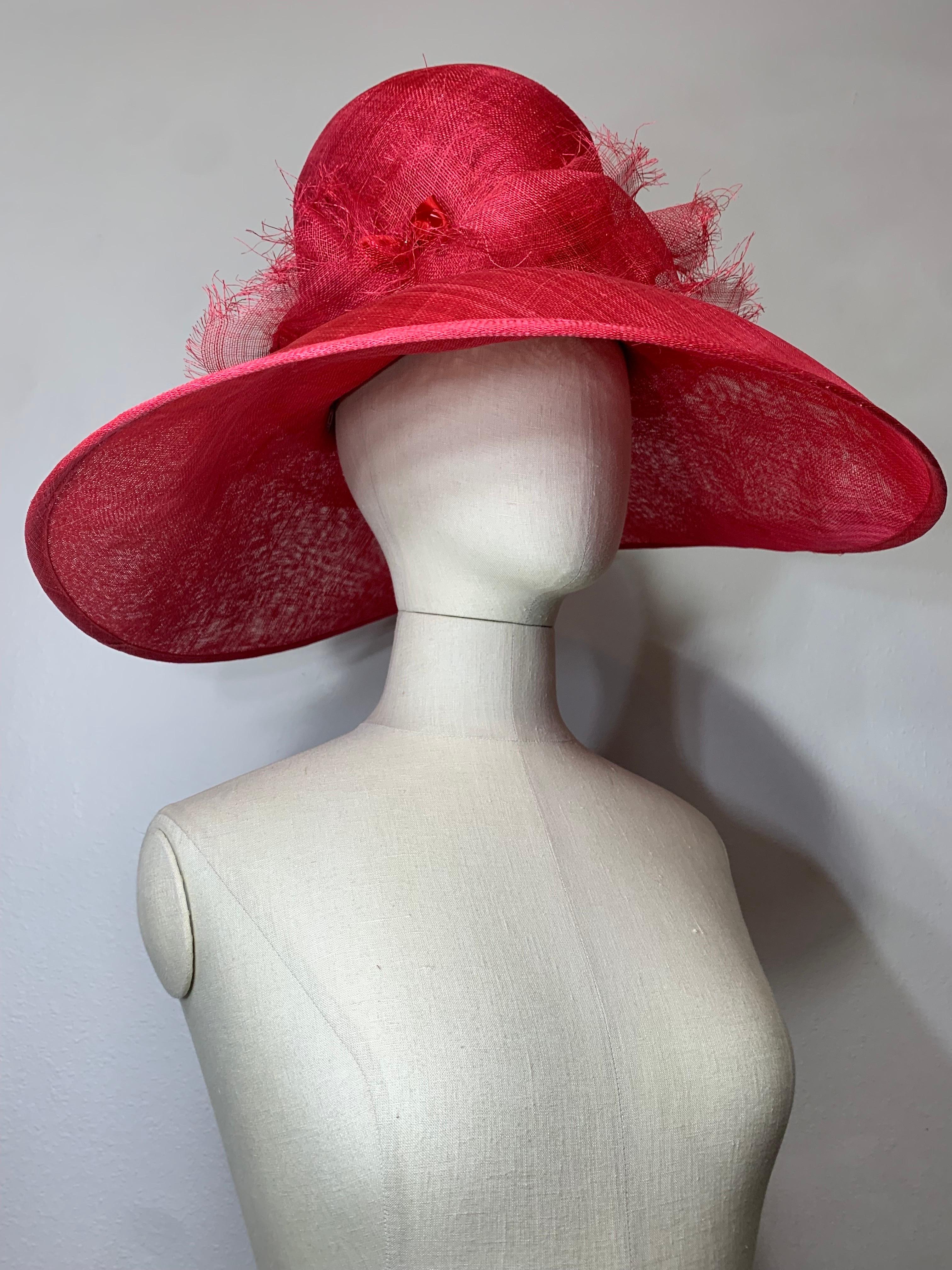 Maison Michel Cardinal Red Sheer Straw Wide Brim Tall Crown Hat w Satin Bows For Sale 1