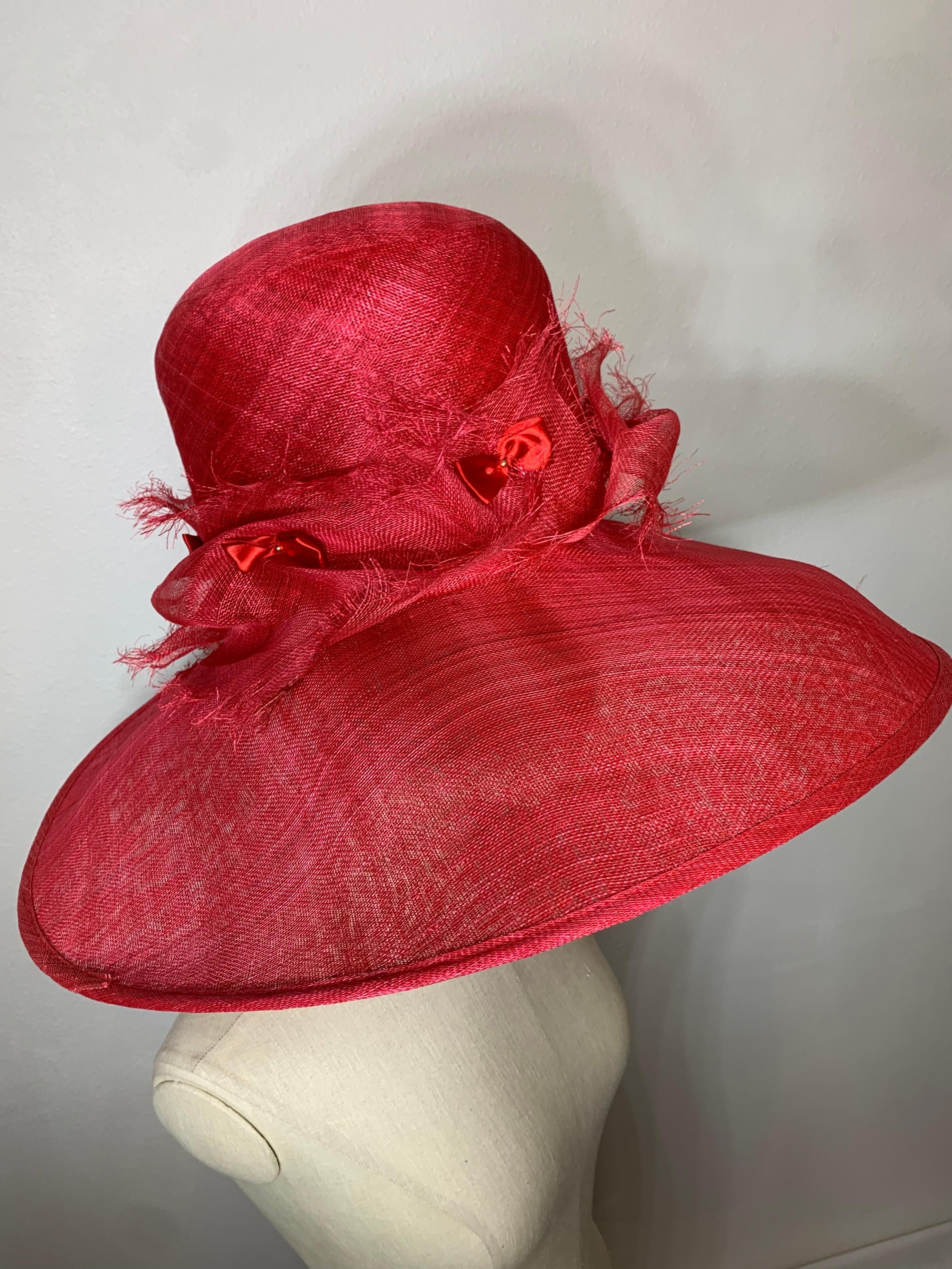 Maison Michel Cardinal Red Sheer Straw Wide Brim Tall Crown Hat w Satin Bows For Sale 2