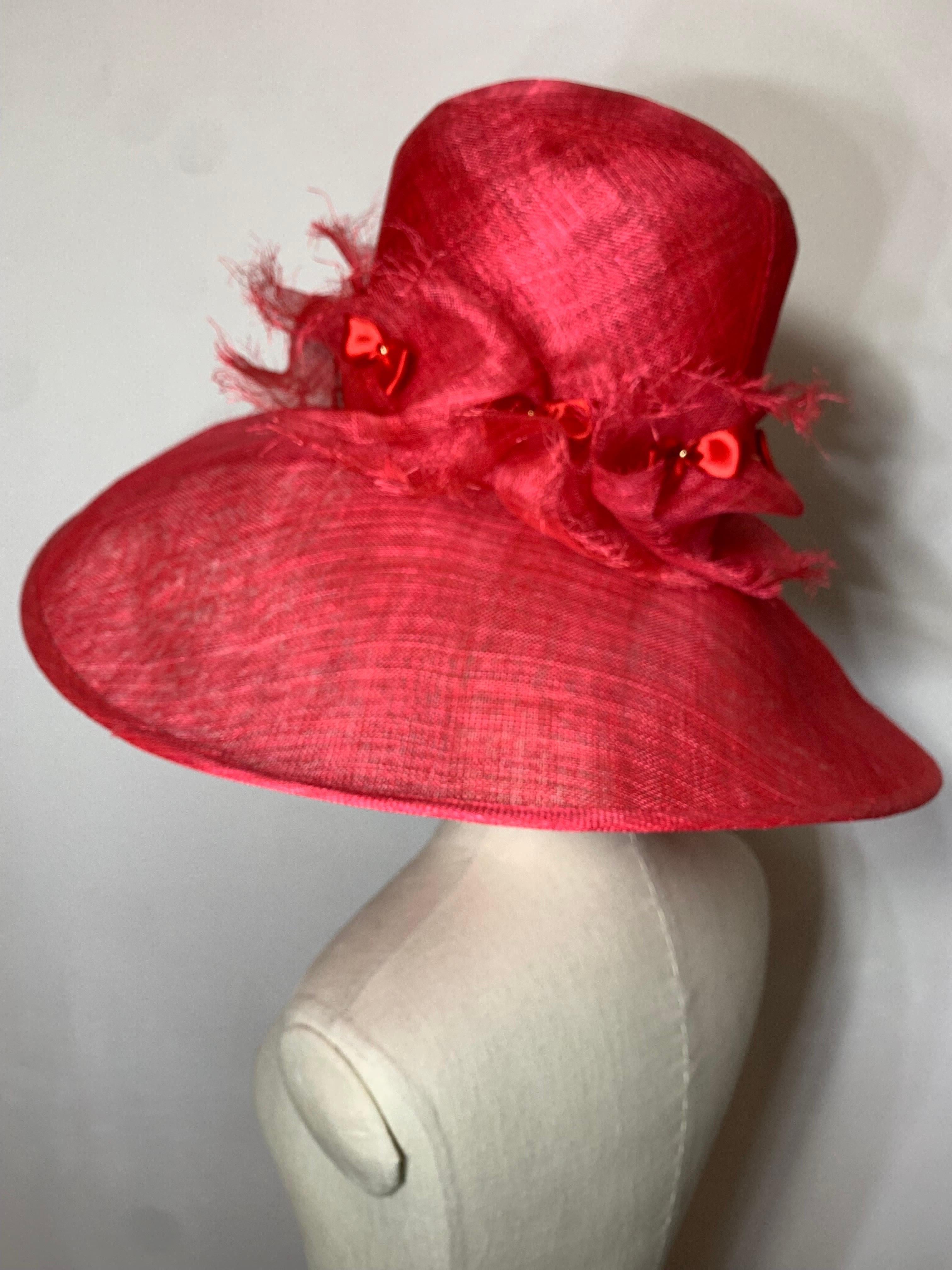 Maison Michel Cardinal Red Sheer Straw Wide Brim Tall Crown Hat w Satin Bows For Sale 3