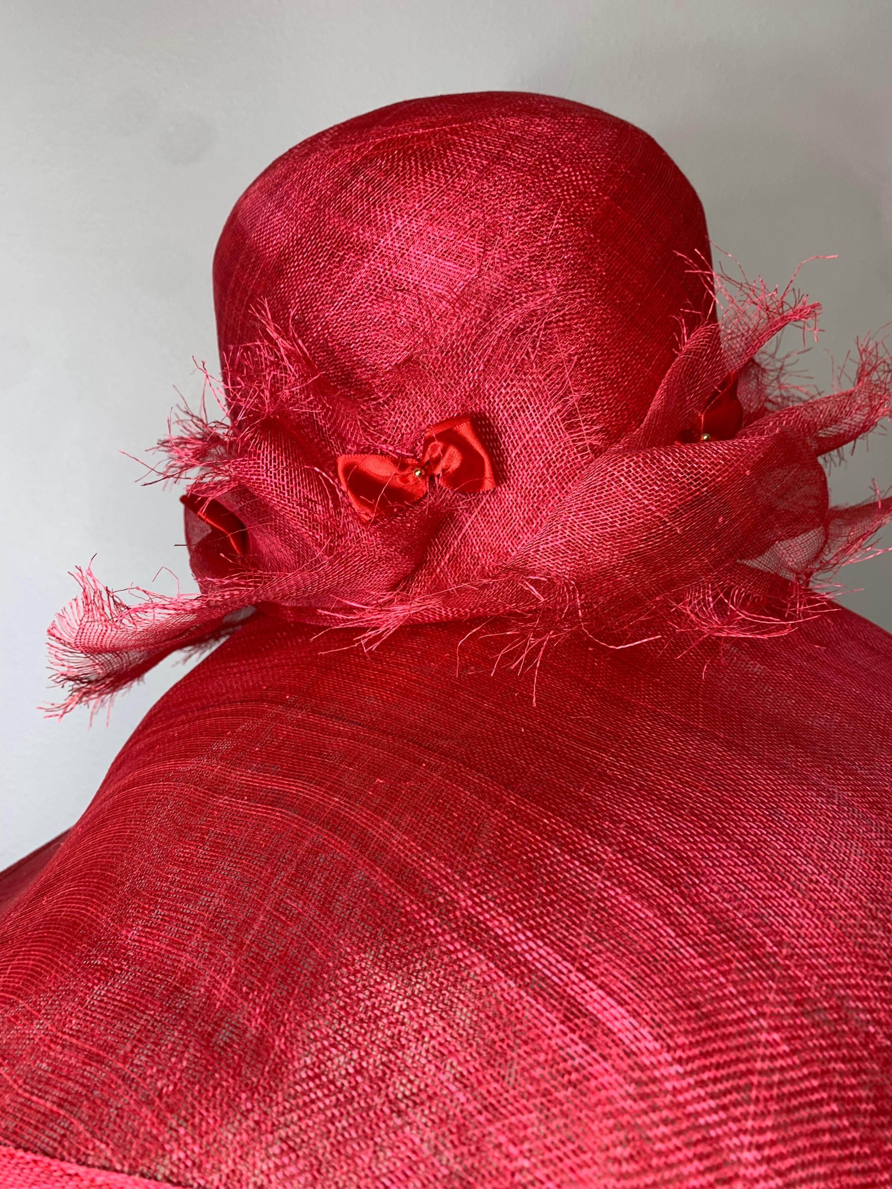 Maison Michel Cardinal Red Sheer Straw Wide Brim Tall Crown Hat w Satin Bows For Sale 4