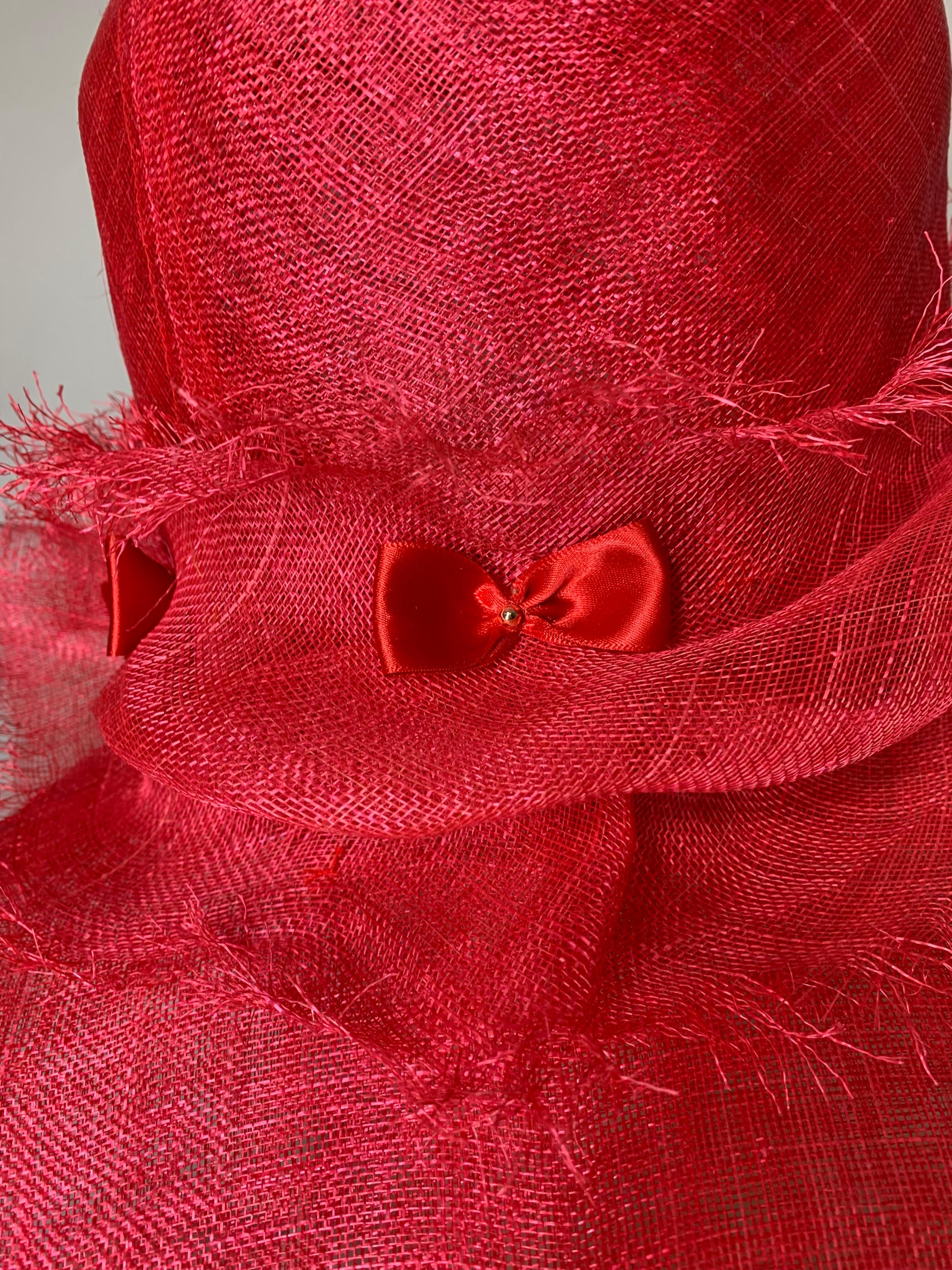 Maison Michel Cardinal Red Sheer Straw Wide Brim Tall Crown Hat w Satin Bows For Sale 5