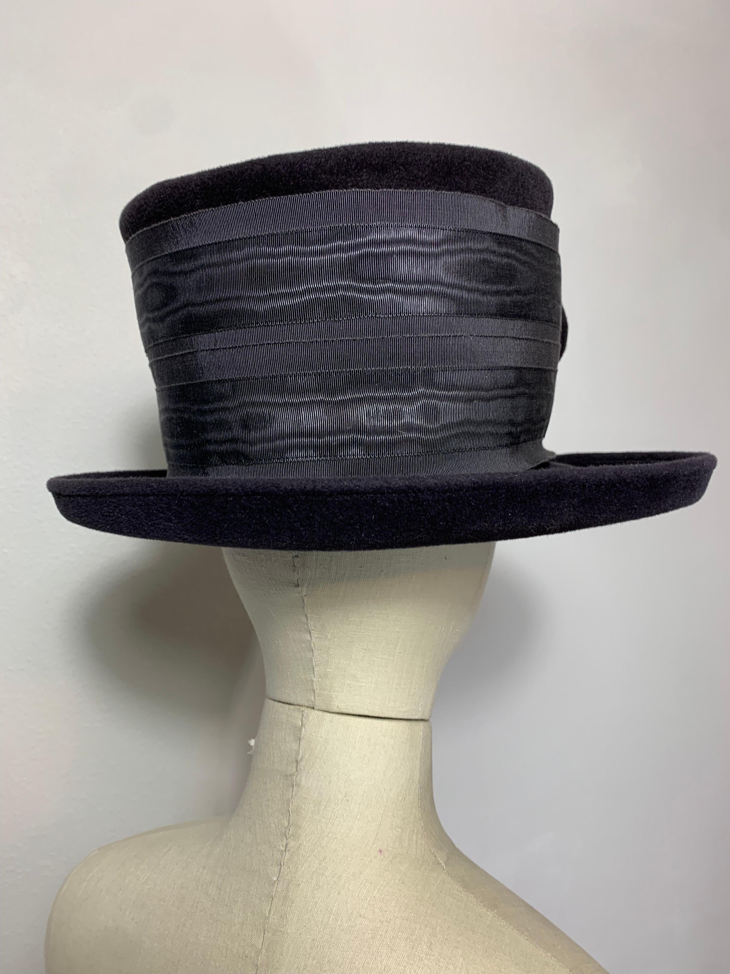 Women's or Men's Maison Michel Charcoal Short Brim Tall Crown Fur Felt Hat w Flower & Moiré Band For Sale