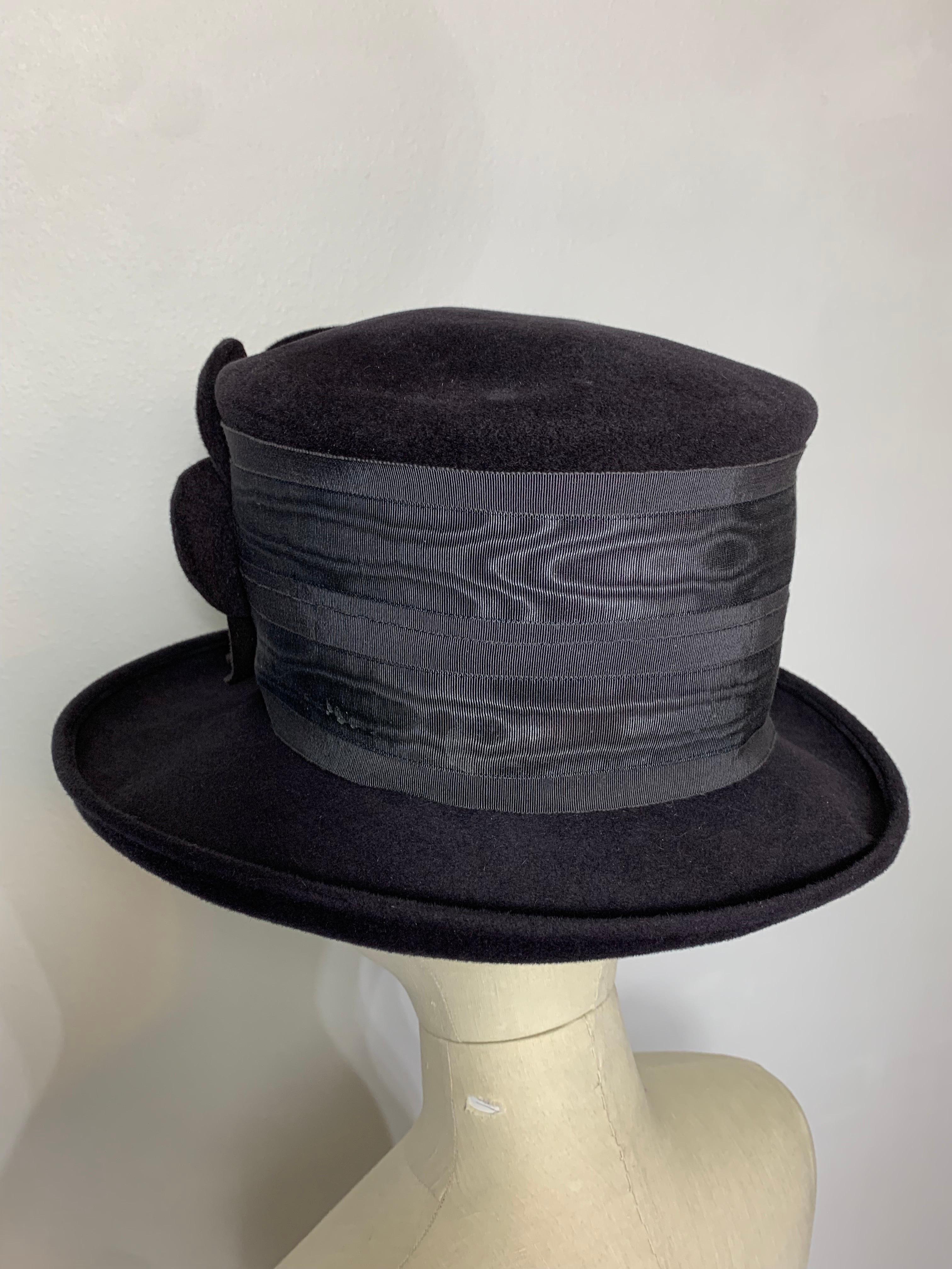 Maison Michel Charcoal Short Brim Tall Crown Fur Felt Hat w Flower & Moiré Band For Sale 1
