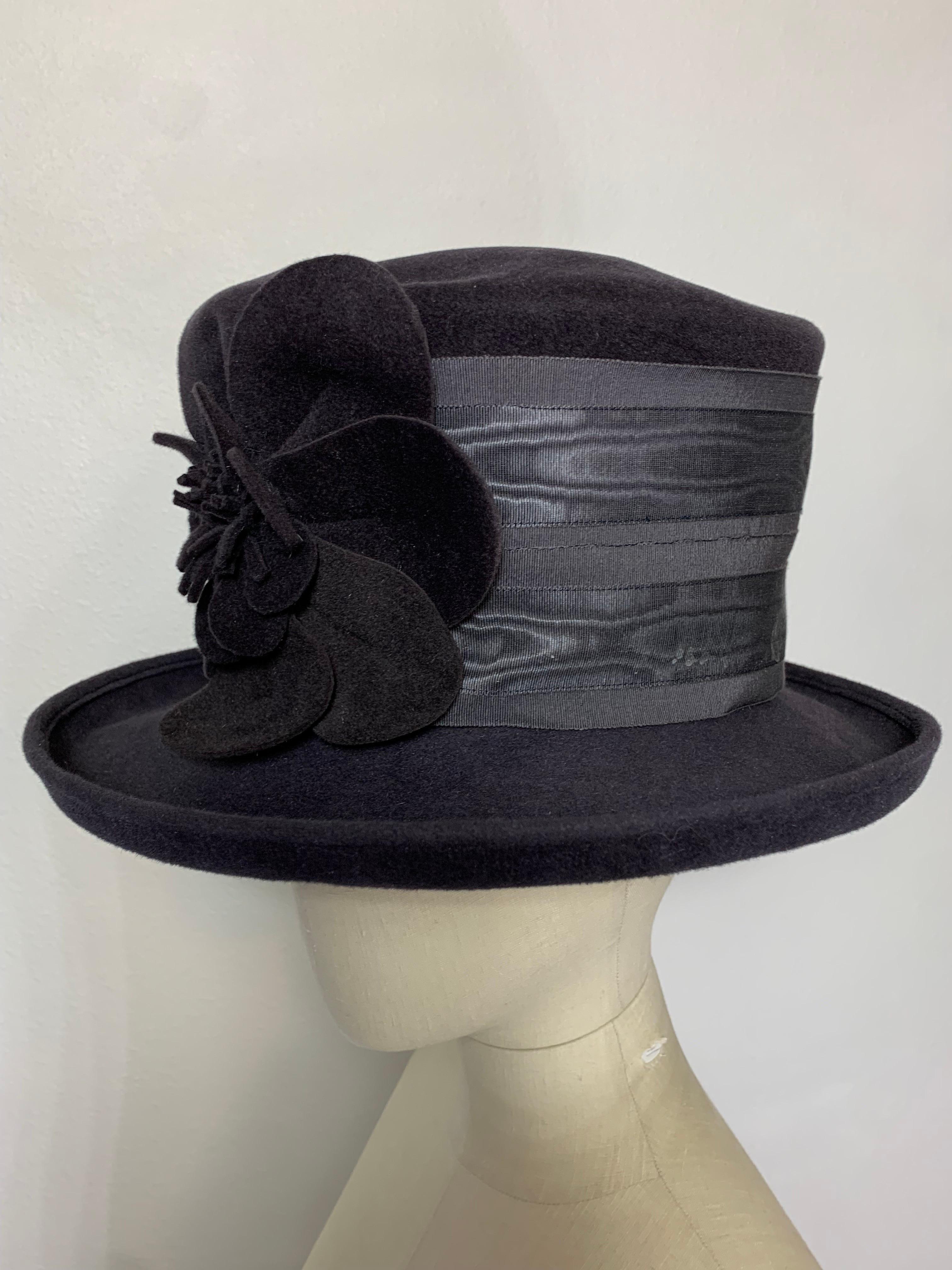 Maison Michel Charcoal Short Brim Tall Crown Fur Felt Hat w Flower & Moiré Band For Sale 2