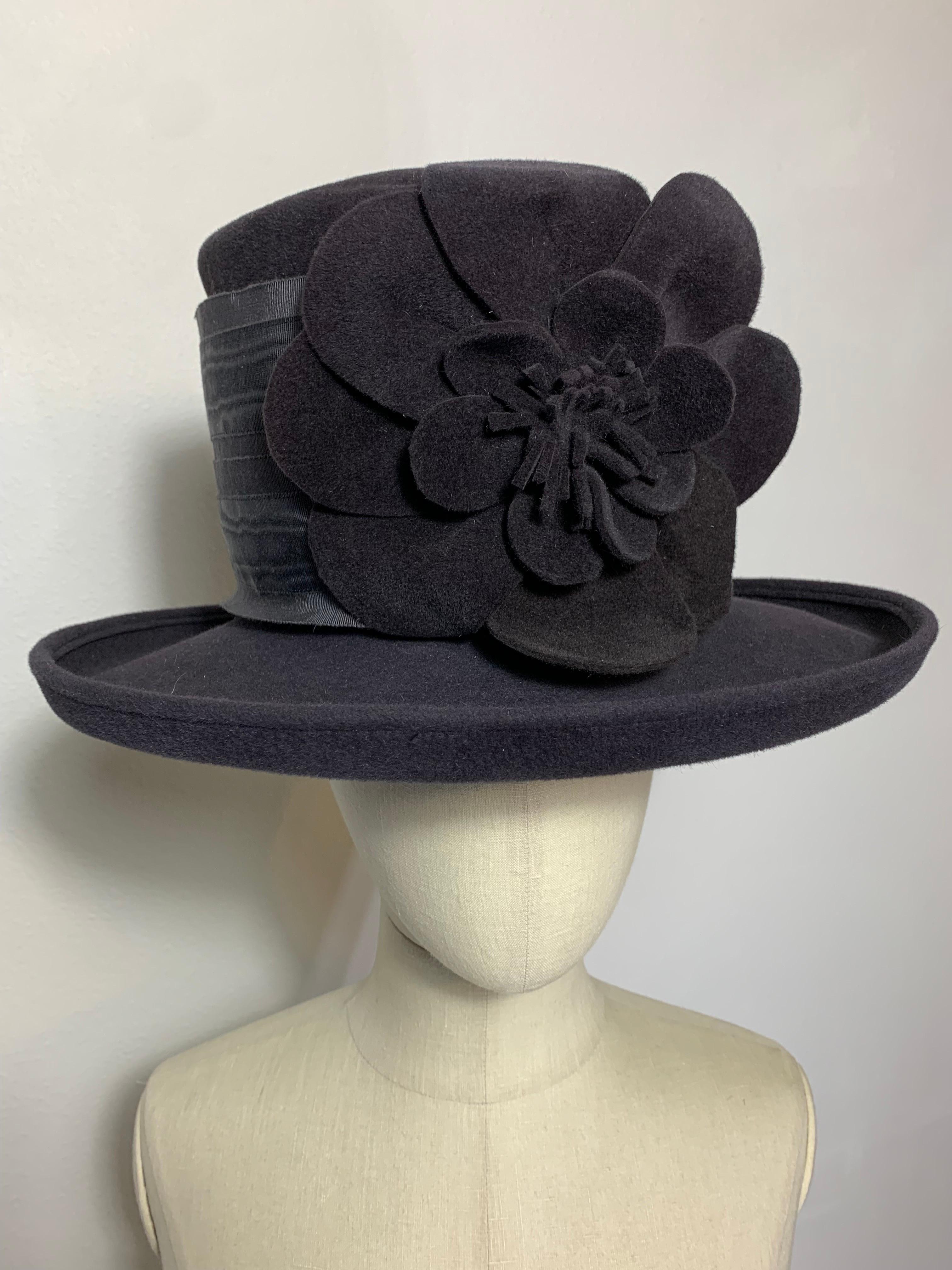 Maison Michel Charcoal Short Brim Tall Crown Fur Felt Hat w Flower & Moiré Band For Sale 3
