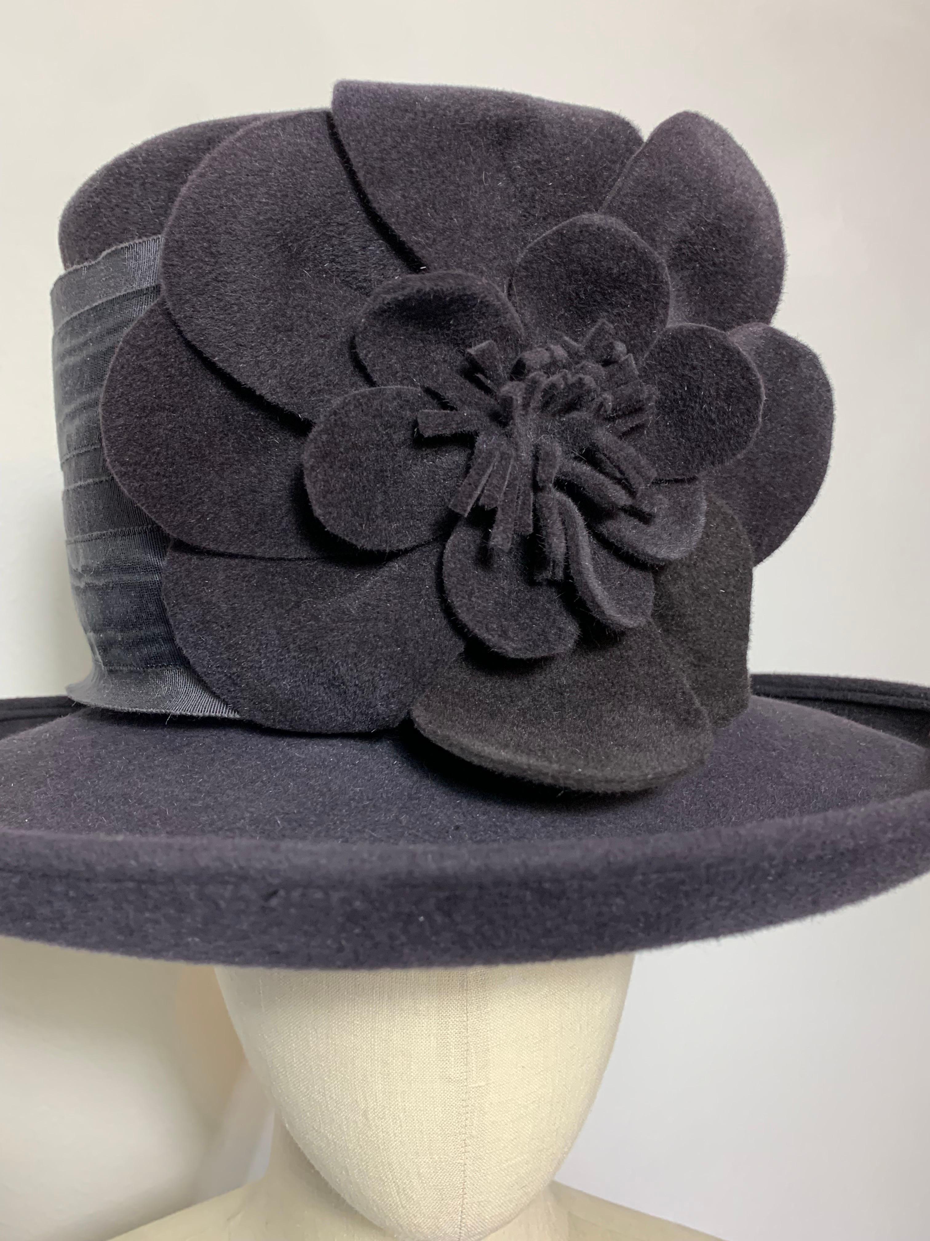 Maison Michel Charcoal Short Brim Tall Crown Fur Felt Hat w Flower & Moiré Band For Sale 4