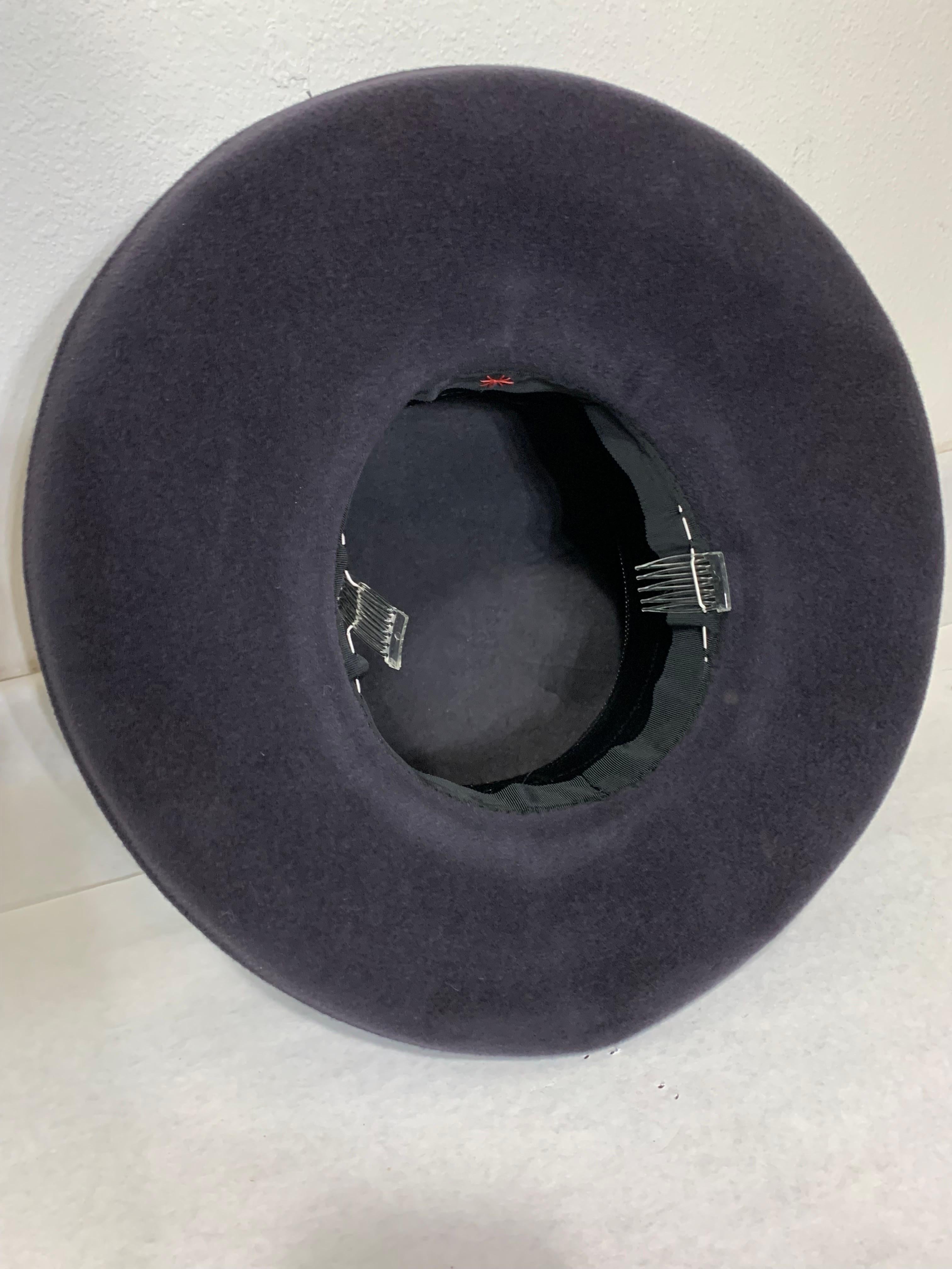 Maison Michel Charcoal Short Brim Tall Crown Fur Felt Hat w Flower & Moiré Band For Sale 5